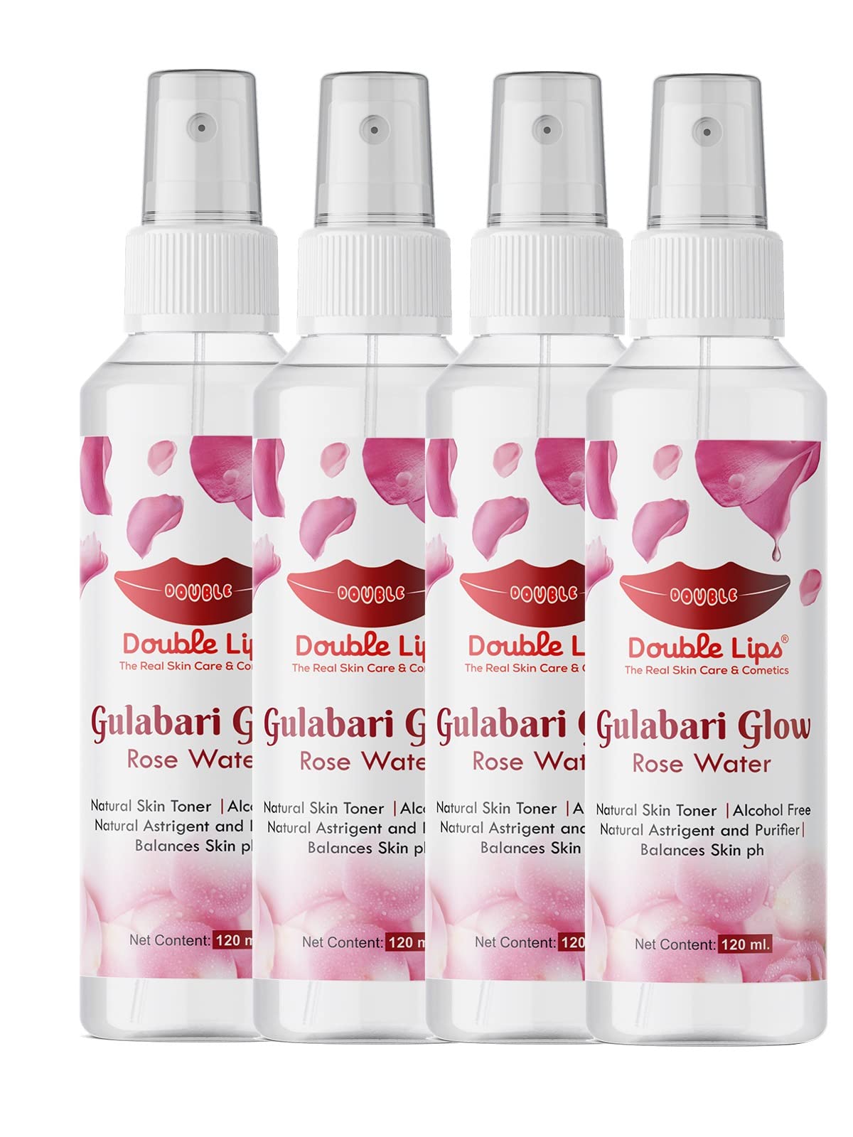 Organic Rose Water Face Mist & Toner - Double Lips Premium Gulab Jal Spray (120ml, Pack of 4) for Hydration & Brighter Skin | Natural Skincare, Makeup Setting, Post-Workout Refresh