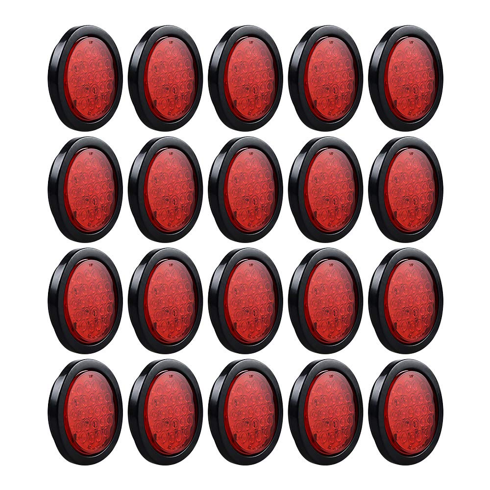 20PCS 4 Inch Round Red 24-LED Tail Lights - Stop, Brake & Running Lamps with Grommet Plug for Truck, Trailer, RV, ATV, UTV & Boat - Durable & Bright for Night Driving & Safety