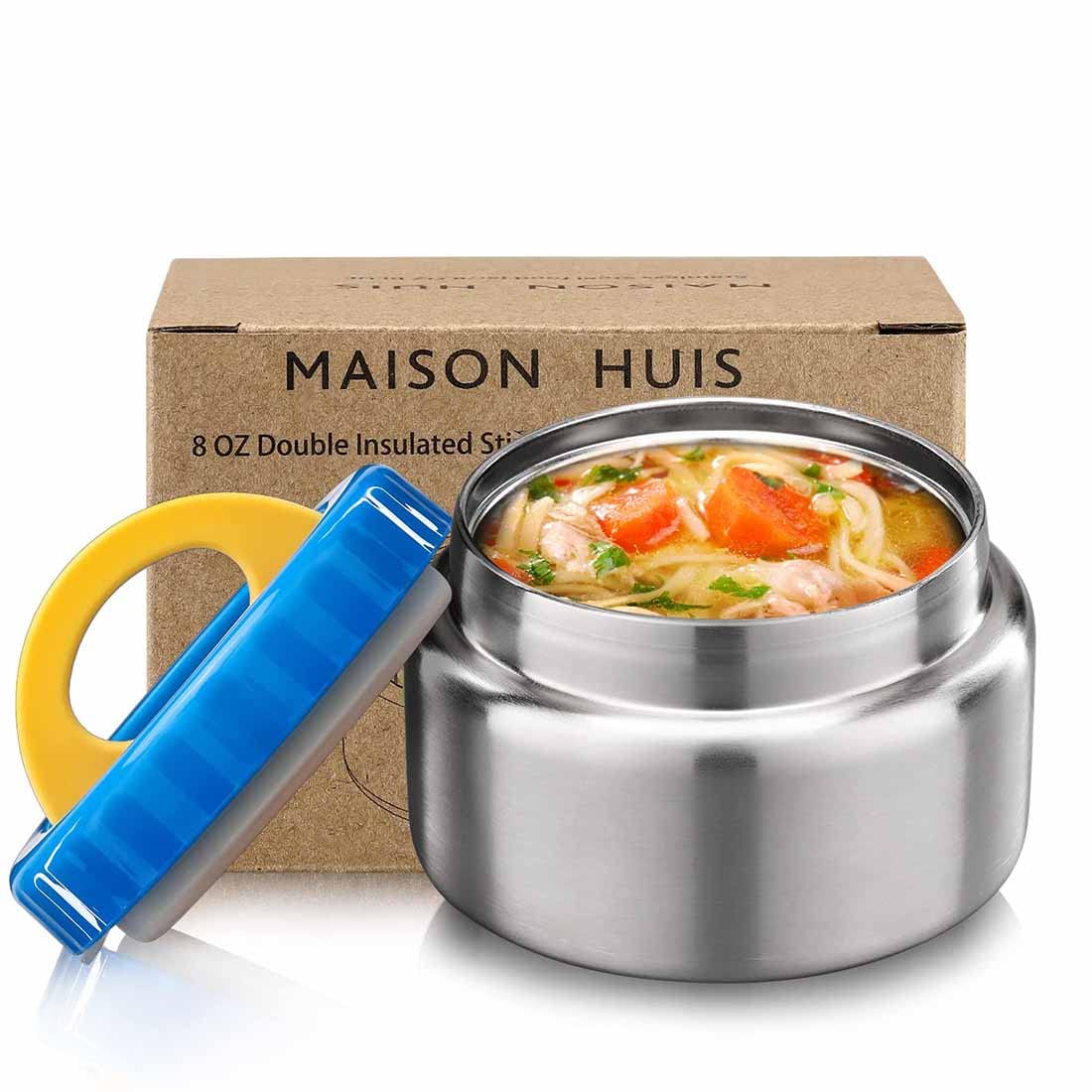 MAISON HUIS 8oz Wide Mouth Vacuum Insulated Stainless Steel Food Thermos - Leak Proof Hot & Cold Soup Thermo Jar for Kids Lunch, School, Travel, Camping & Outdoor Activities (Blue)