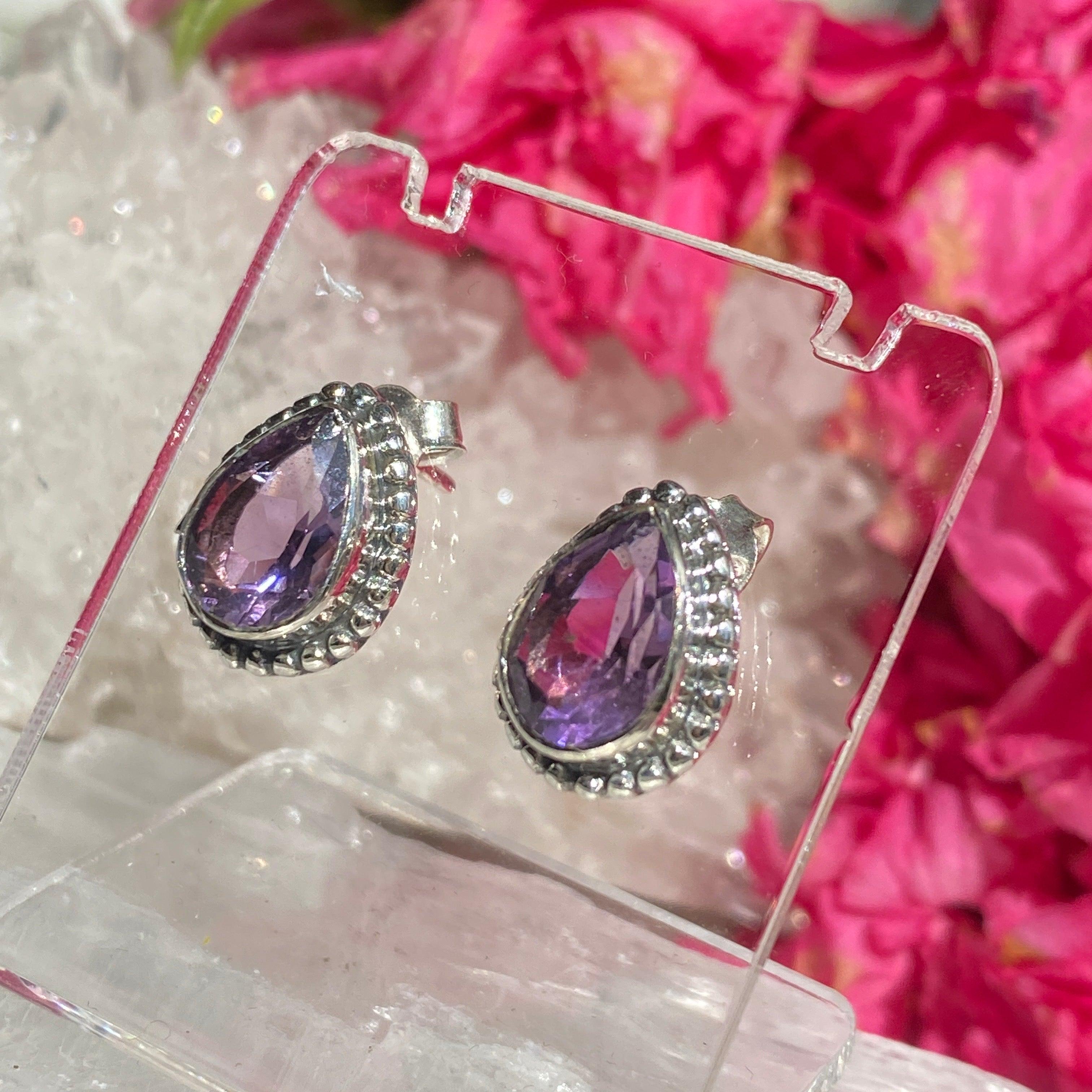 Amethyst Faceted Teardrop Stud Earrings for Women - Elegant Purple Gemstone Jewelry Gift for Birthday, Anniversary & Special Occasions