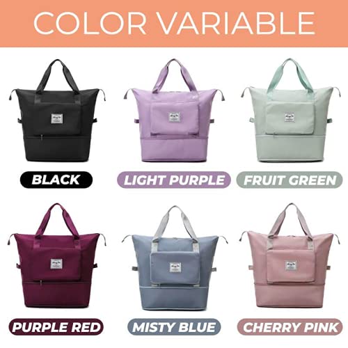 Expandable Travel Tote Bag - Large Capacity Lightweight Weekender Bag with Dry & Wet Separation - Foldable Gym Bag for Vacation, Business Trips & Outdoor Adventures (Black)