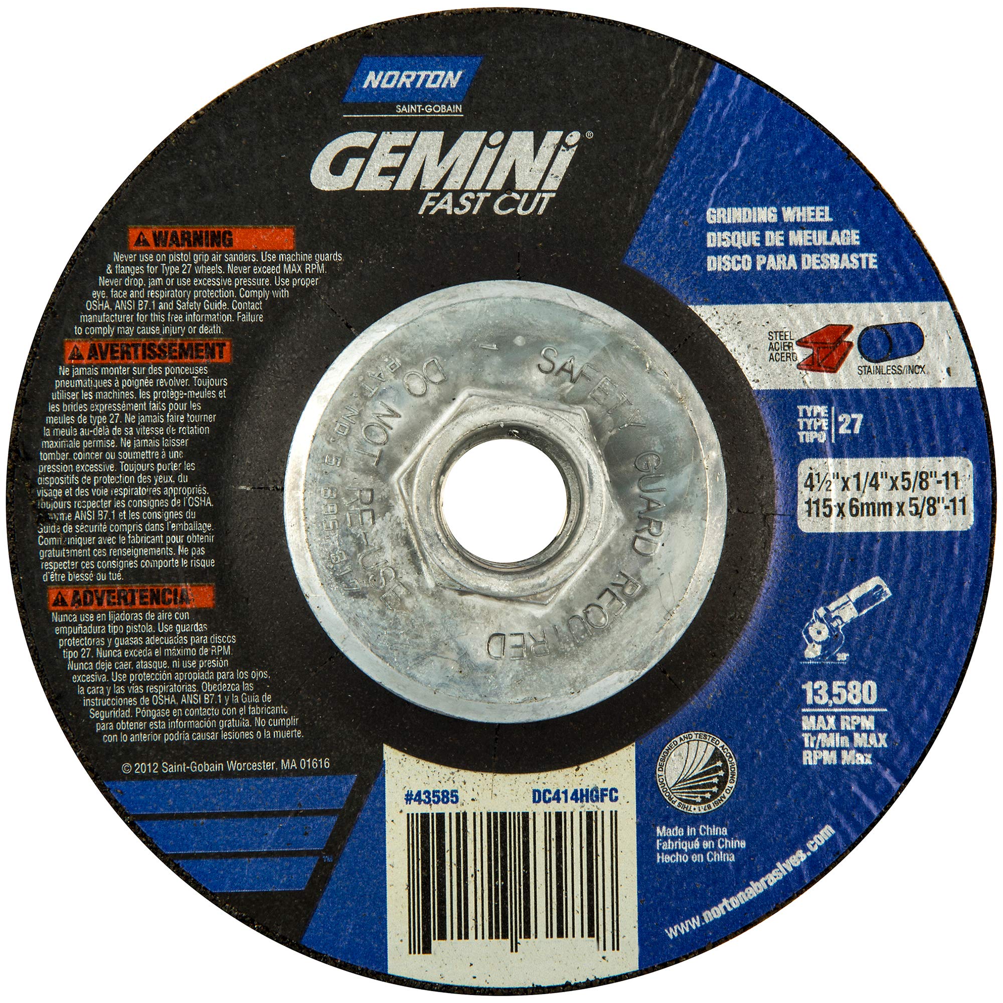 Norton Gemini Fast Cut Grinding Wheel 4.5 Inch - 10 Pack for Right Angle Grinder - Metal & Concrete Cutting Discs - Perfect for DIY Projects, Construction & Metalworking