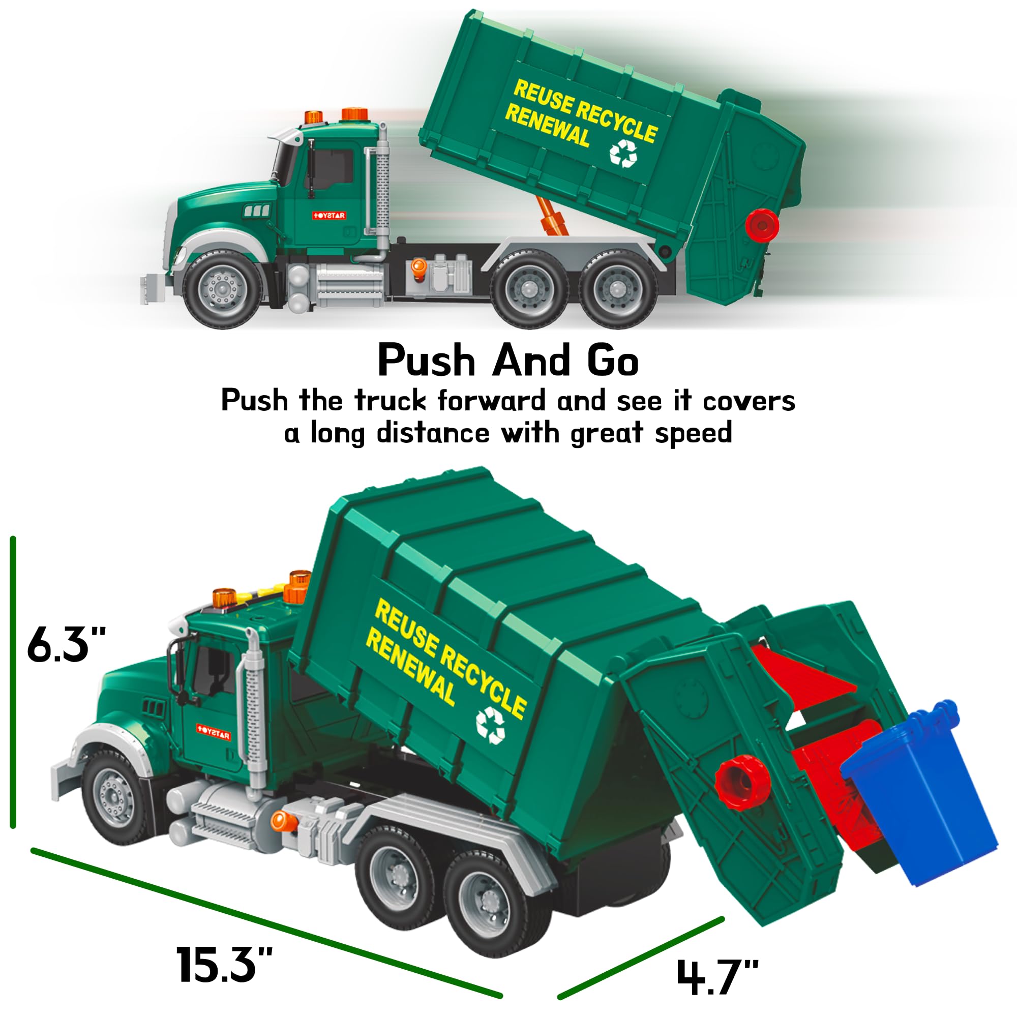 MOBIUS Garbage Truck Toy for Kids – Interactive Recycling Vehicle with 3 Garbage Cans & 48 Educational Flash Cards – Push & Go, Lights & Sounds – Moving Parts Trash Truck for Boys & Girls Ages 3-8 – Perfect for Pretend Play, Learning & Eco-Friendly Role Play