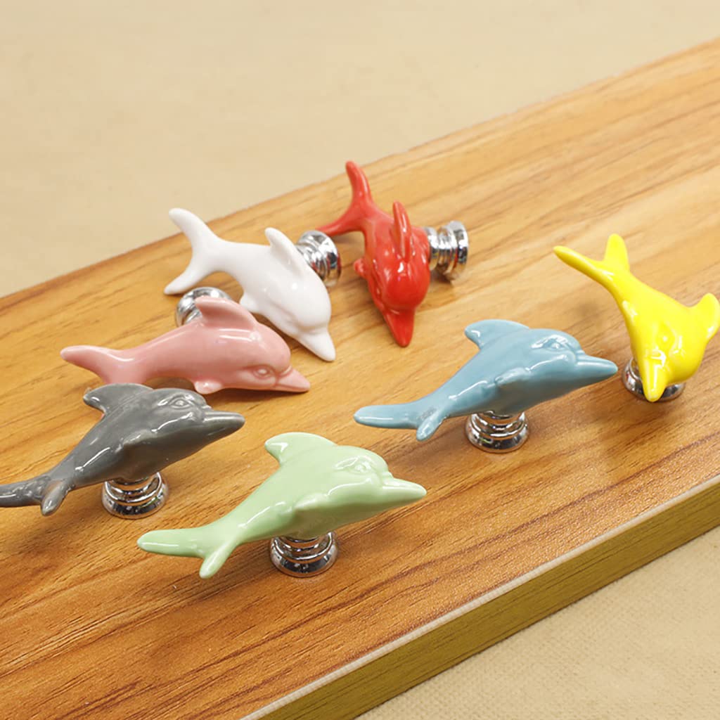 5Pcs Dolphin Ceramic Drawer Knobs for Kids - Cute Cartoon Cabinet Handles for Dresser & Bookcase (Blue) - Nursery & Playroom Decor