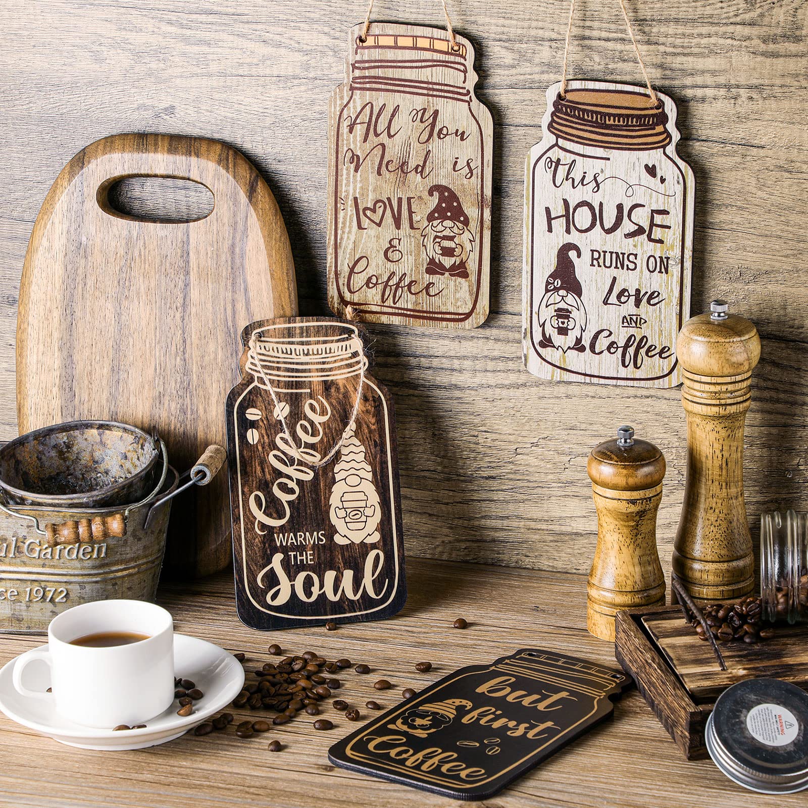 Jetec 4-Piece Coffee Bar Sign Set - Rustic Farmhouse Wooden Gnome Wall Decor with 'But First Coffee' Plaque - Perfect for Cafes, Kitchens & Coffee Lovers' Home Decor