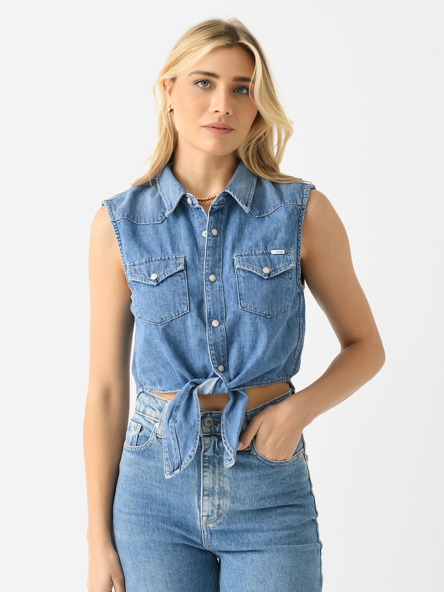 MOTHER Women's Sleeveless Knotted Exes Top - Size S | Stylish Summer Blouse for Casual Outings & Beach Wear