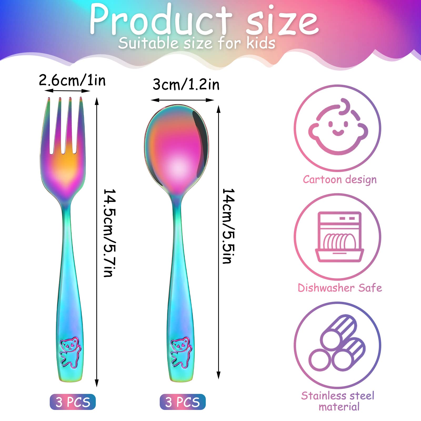 Pimoys 12-Piece Toddler Utensil Set - Stainless Steel Kids Silverware with Rainbow Handles | Safe Forks & Spoons for Children | Dishwasher Safe Cutlery | Perfect for Daycare, School Lunches & Family Meals