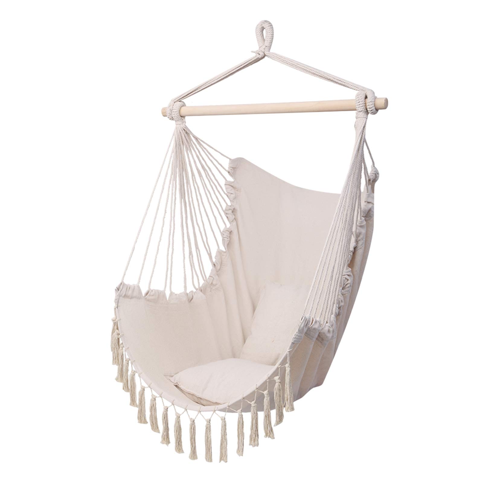 Beige Tassel Hanging Chair with Cushions - Indoor/Outdoor Hammock Swing for Bedroom, Garden, Yard, Patio & Porch - Perfect Relaxation & Boho Decor