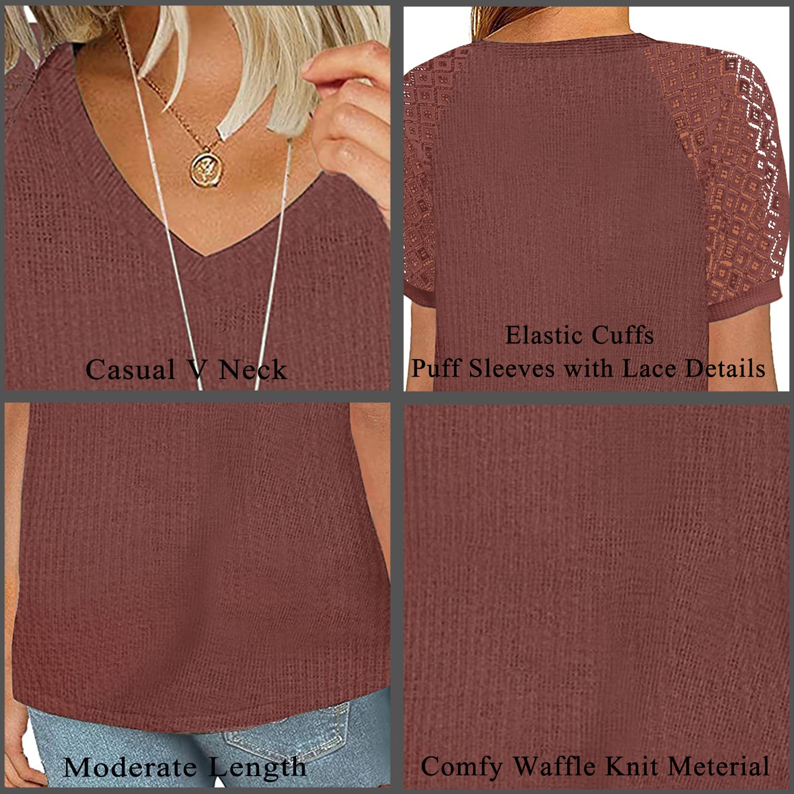 Women's Lace Patchwork Blouse - Short & Long Sleeve Waffle Knit Tunic Top with Crew Neck | Casual Loose Puff Tee Shirt for Work, Date Night & Everyday Wear