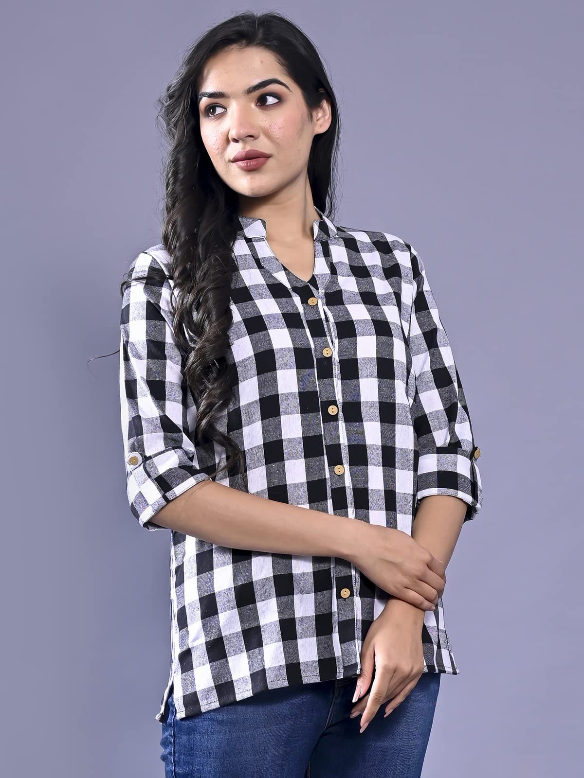 FABISHO Women's Cotton Checkered Mandarin Collar Casual Shirt - Stylish Button Down Top for Work, Travel & Everyday Wear
