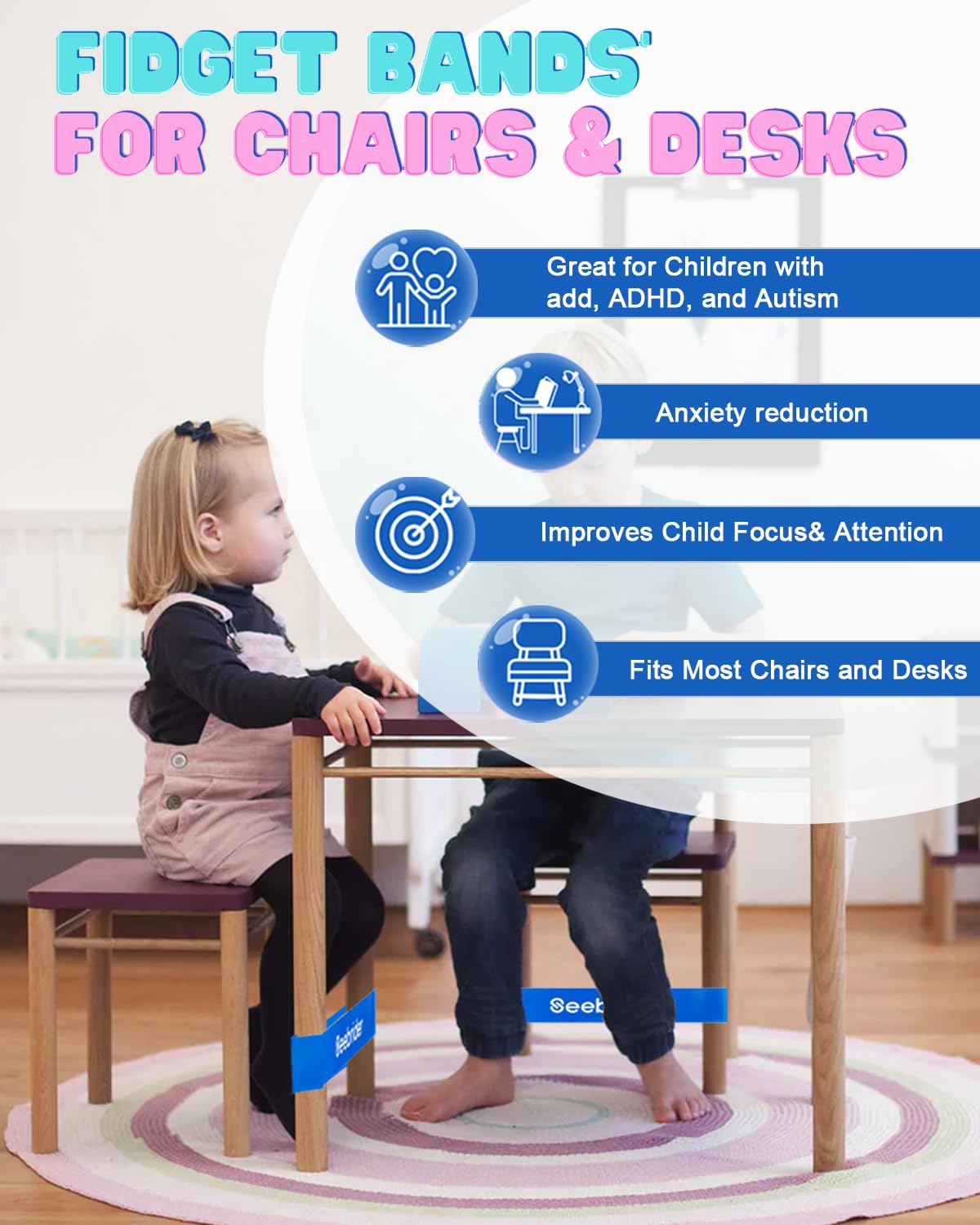 12 PCS Fidget Bands for Kids - Stretchable Chair Bands for Sensory Needs, ADHD & Fidgety Feet - Blue Classroom Foot Bands for Desks & Chairs - Improve Focus & Reduce Anxiety in School & Home Learning