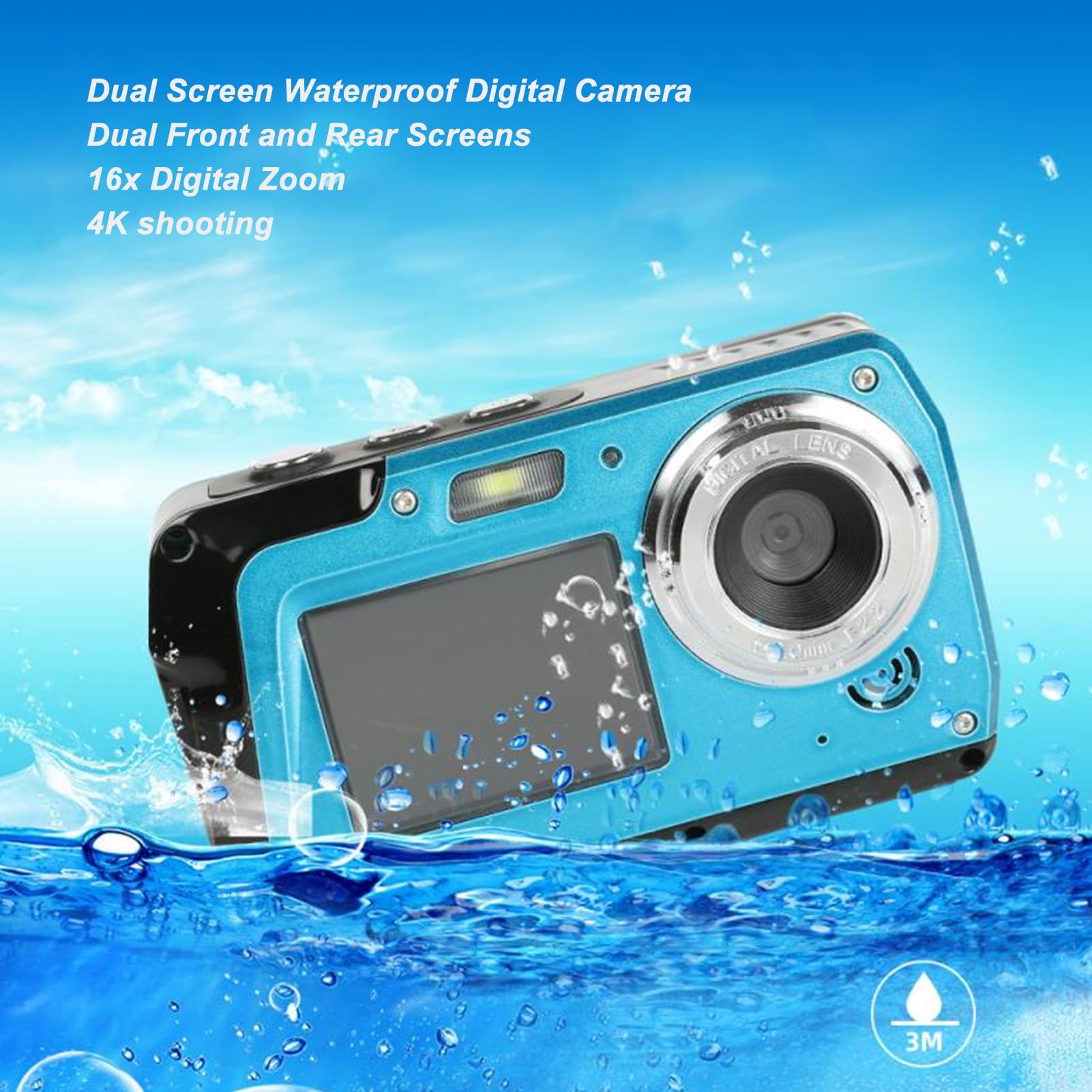 4K Underwater Camera 10FT Waterproof - 56MP 16X Zoom Digital Camera with Fill Light & Dual HD Screens for Snorkeling, Scuba Diving, Rafting and Beach Vacation Photography
