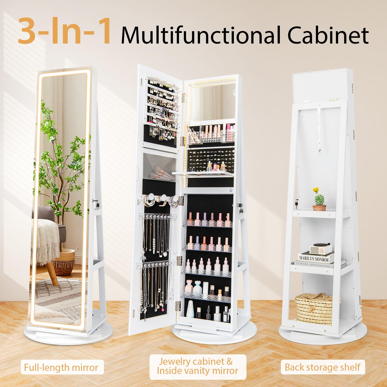 GOFLAME 360° Swivel Jewelry Cabinet with Full-Length Mirror - Jewelry Storage Organizer with LED Lights, Foldable Shelf & Interior Mirror - White | Perfect for Bedroom, Closet & Dressing Room Organization