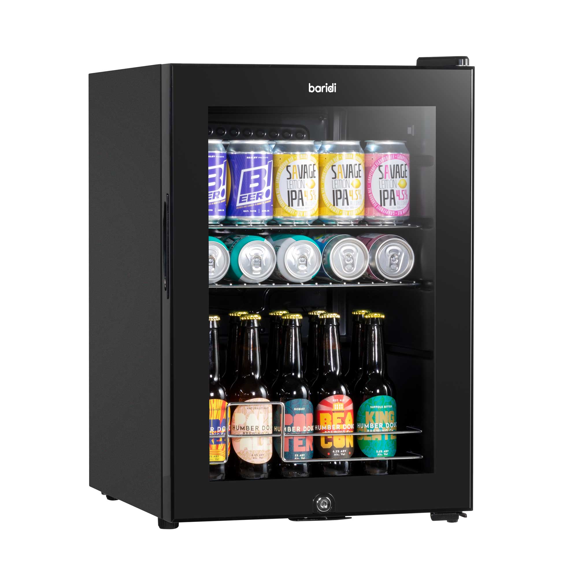 Baridi 60L Beer & Drinks Refrigerator with LED Light - Black Glass Door Mini Fridge for Home, Office, Bar & Party | Energy Efficient Beverage Cooler DH62