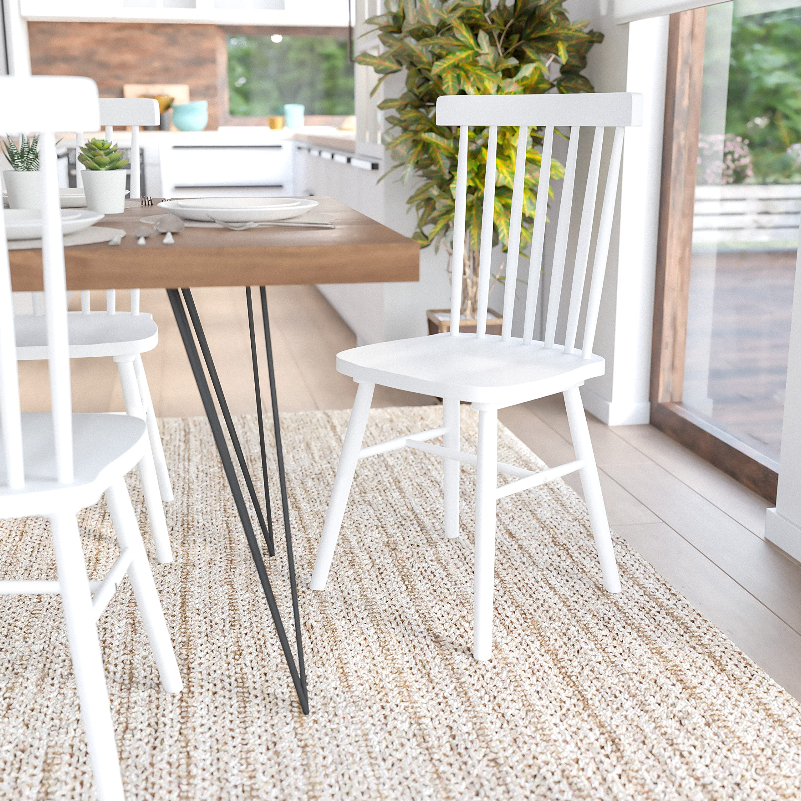 Flash Furniture Ingrid Commercial Grade Windsor Dining Chairs - White Solid Wood Spindle Back Armless Chairs for Kitchen, Dining Room & Restaurant - No Assembly Required - Perfect for Home, Office & Commercial Use