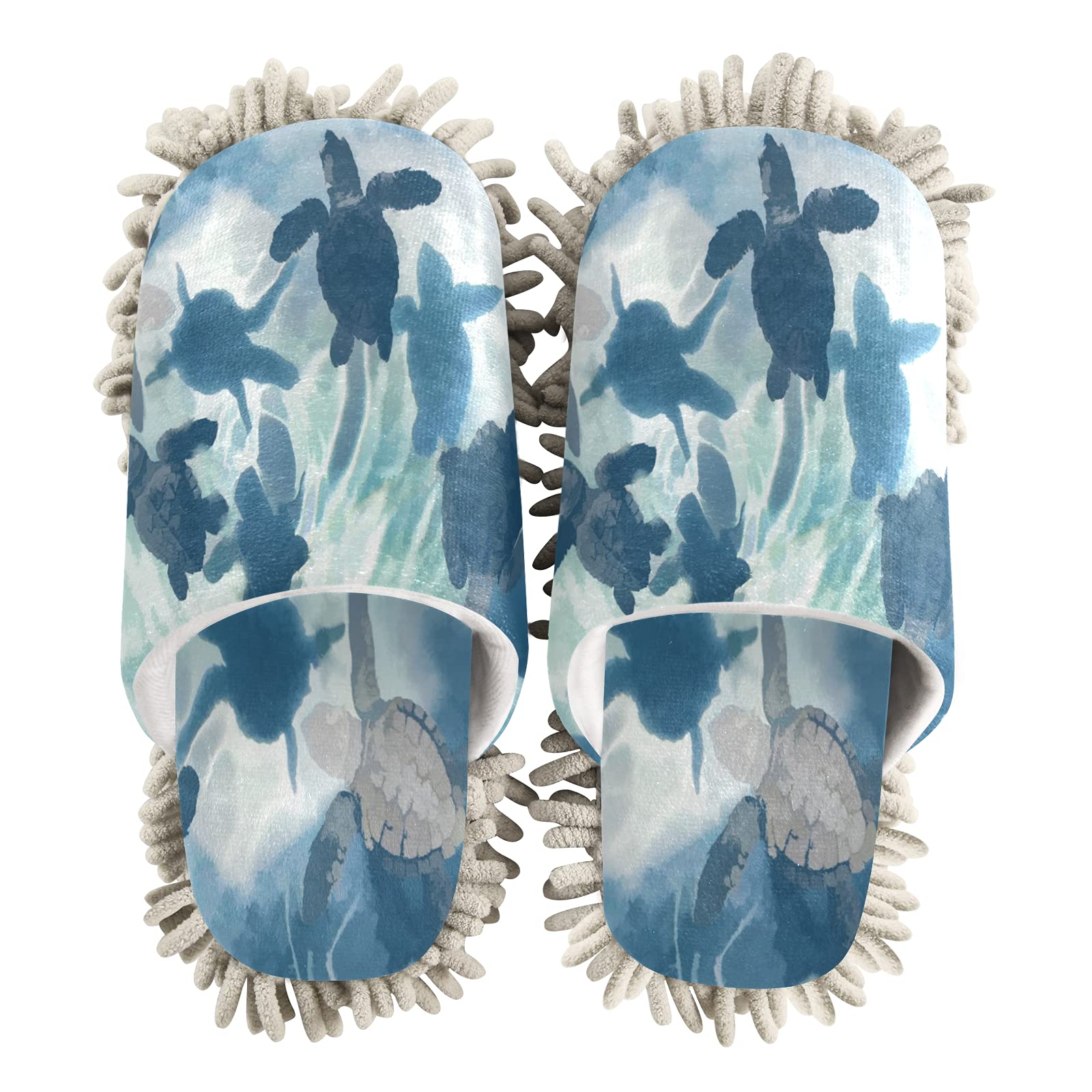 Blue Sea Turtle Mop Slippers - Animal Ocean Themed Spa & Cleaning House Shoes for Dusting - Comfortable Home Slippers for Men & Women - Perfect for Bathroom, Kitchen Cleaning and Relaxing at Home