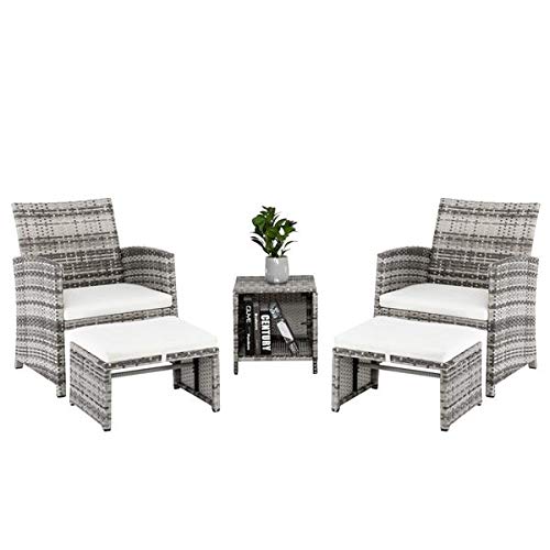 5-Piece Outdoor Rattan Wicker Patio Furniture Set - 2 Chairs, 2 Footstools & Coffee Table in Gray Gradient - Perfect for Backyard, Garden or Poolside Conversation Area