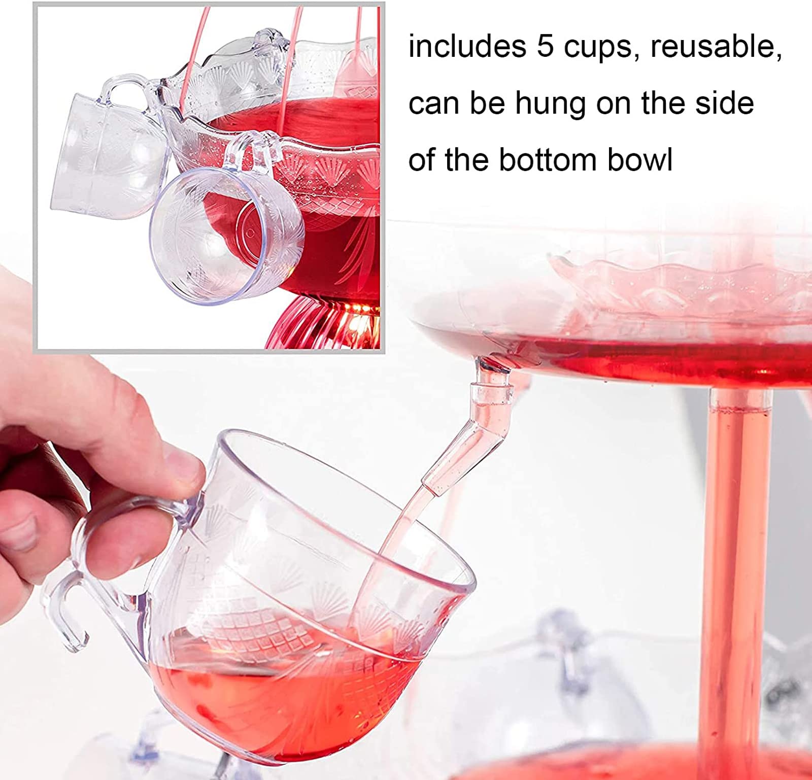3-Tier LED Light-Up Plastic Drink Fountain with 5 Cups - Perfect for Party Games, Bar Events & Home Celebrations - Ideal for Cocktails, Mocktails & Beverage Displays
