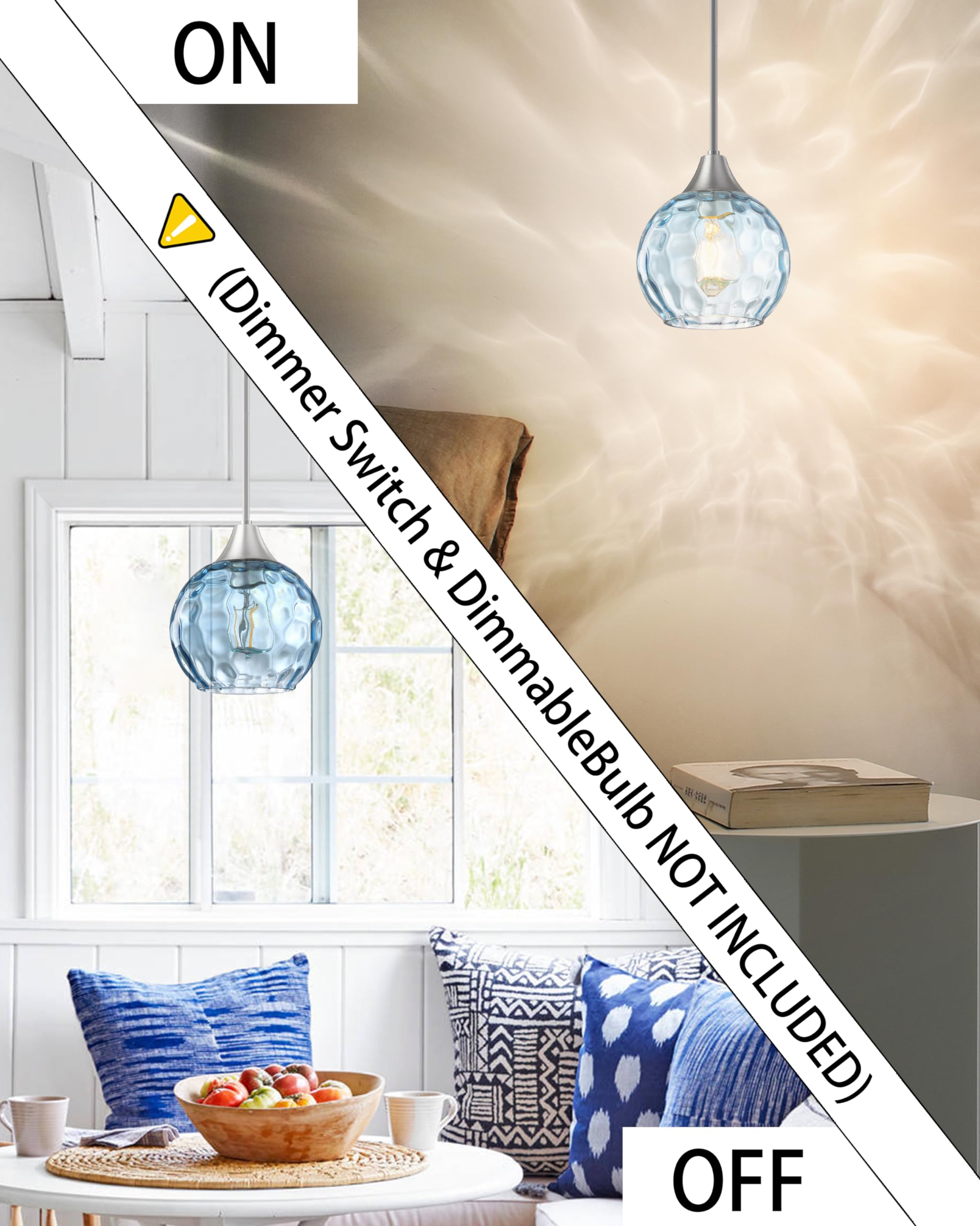 3 Pack Clear Hammer Blue Glass Pendant Lights - 6.3