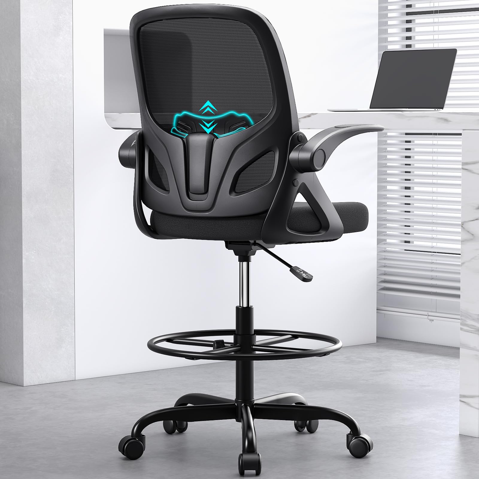 Ergonomic Tall Drafting Chair with Footrest Ring - Adjustable Height Office Chair with Flip-Up Arms & Lumbar Support for Home & Work (Black) - Perfect for Architects, Artists & Long Work Sessions at Standing Desks