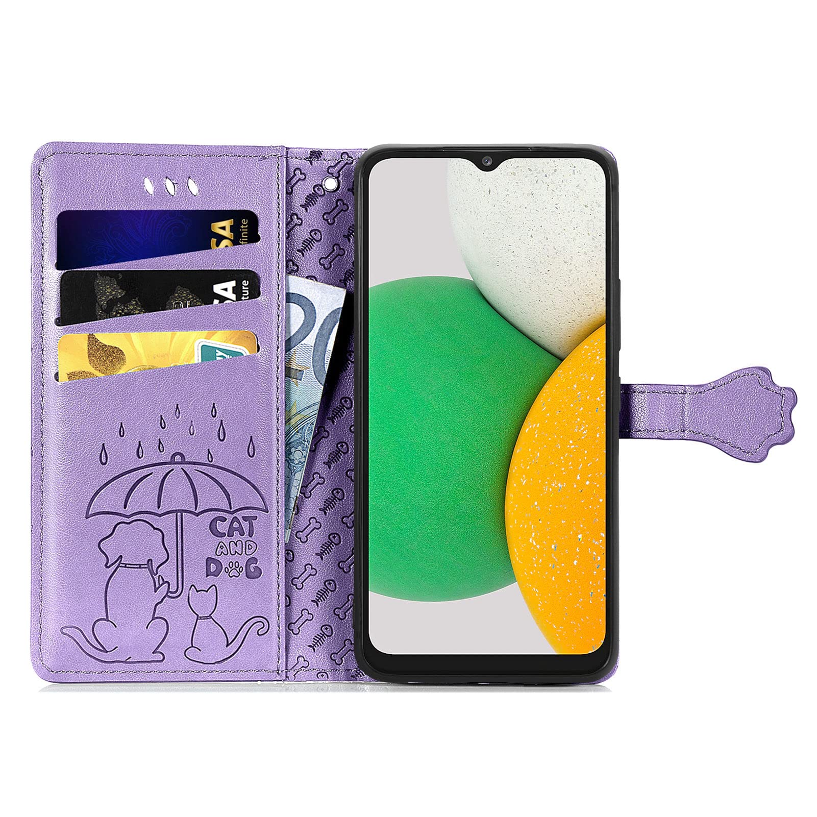 Cute Cartoon Cat Dog Pattern PU Leather Wallet Phone Case for Samsung Galaxy A03 Core - Magnetic Clasp, Cash & Card Slots Holder (Purple) - Perfect for Daily Use, Travel, and Hands-Free Convenience