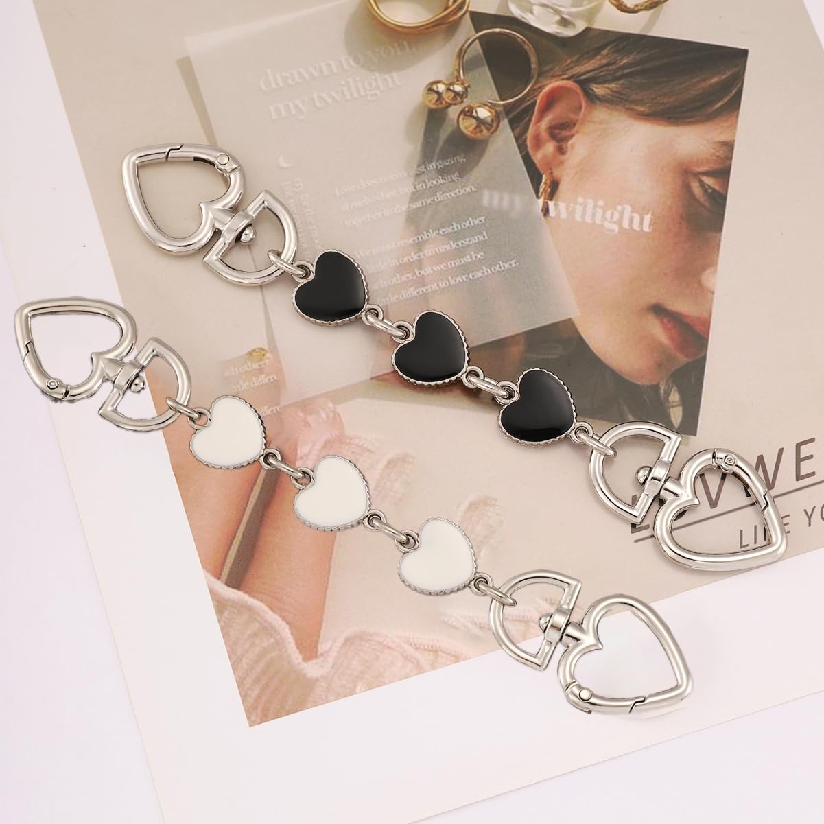 Anbys Silver Purse Extender Chain - Adjustable Bag Strap Extender with Heart Charms (White/Black) for Handbags, Crossbody Bags & Tote Bags