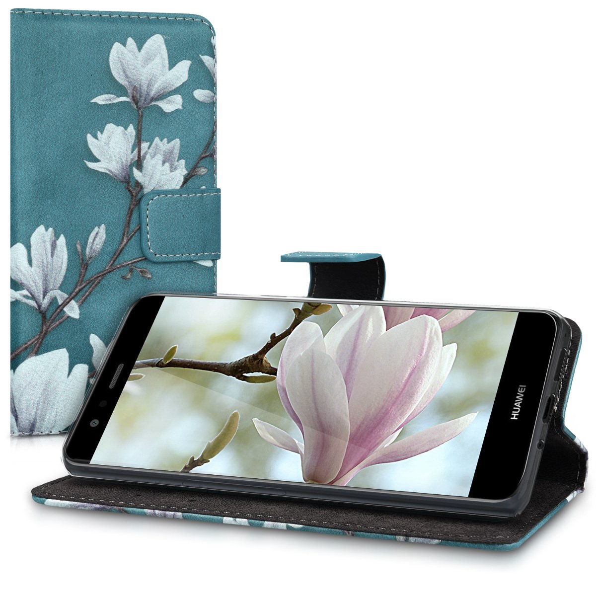 kwmobile Wallet Case Compatible with Huawei P10 Lite - Slim PU Leather Phone Cover with Card Slots & Magnetic Closure (Magnolias Taupe/White/Blue Grey) - Perfect for Work, Travel & Daily Use