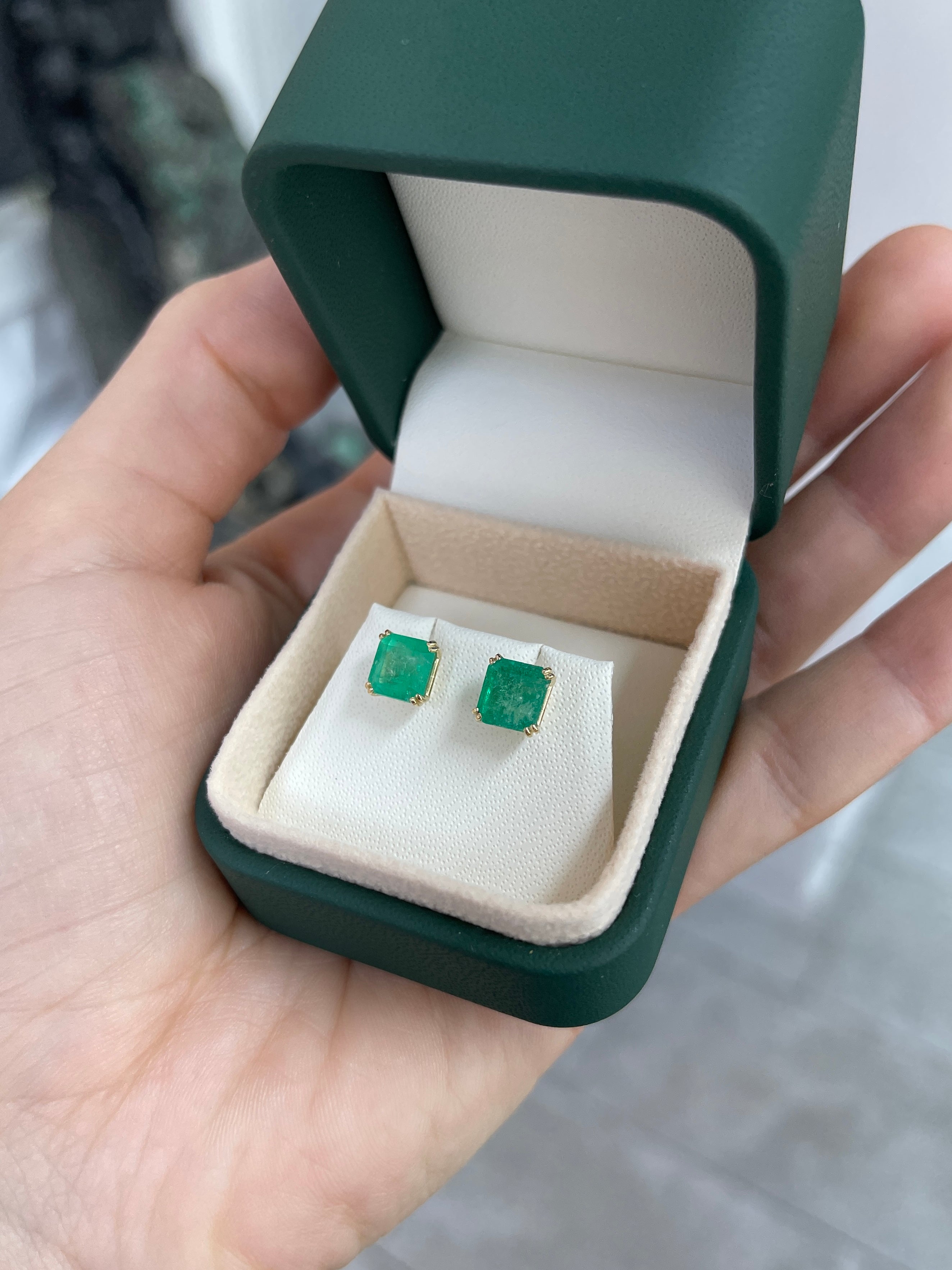2.45tcw 7x7 Earthy Natural Asscher Cut Colombian Emerald Double Prong Stud Earrings in 14K Gold – Perfect for Weddings, Parties & Everyday Elegance