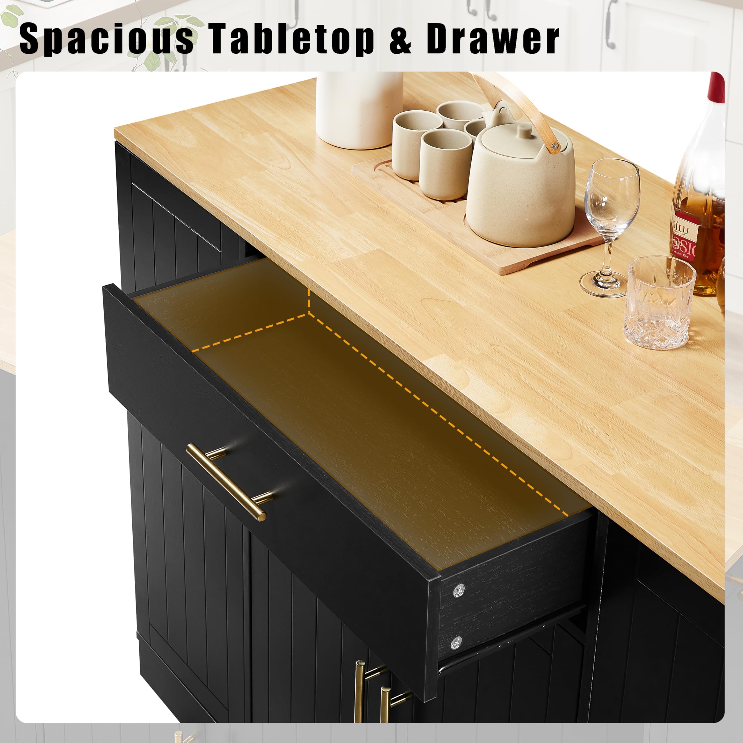 53 Inch Kitchen Island with Storage Drawer & Adjustable Shelves - Black Breakfast Bar Cabinet for 13 Gallon Trash Bin - Stationary Kitchen Table for Dining Room & Kitchen - Perfect for Small Space Organization & Entertaining Guests