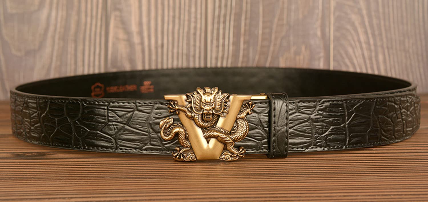 Premium Men's Leather Ratchet Belt - Genuine Crocodile Embossed Pattern, Adjustable No-Buckle Design - Vintage Dragon Motif (Black/Gold) - Perfect for Business, Casual & Formal Wear