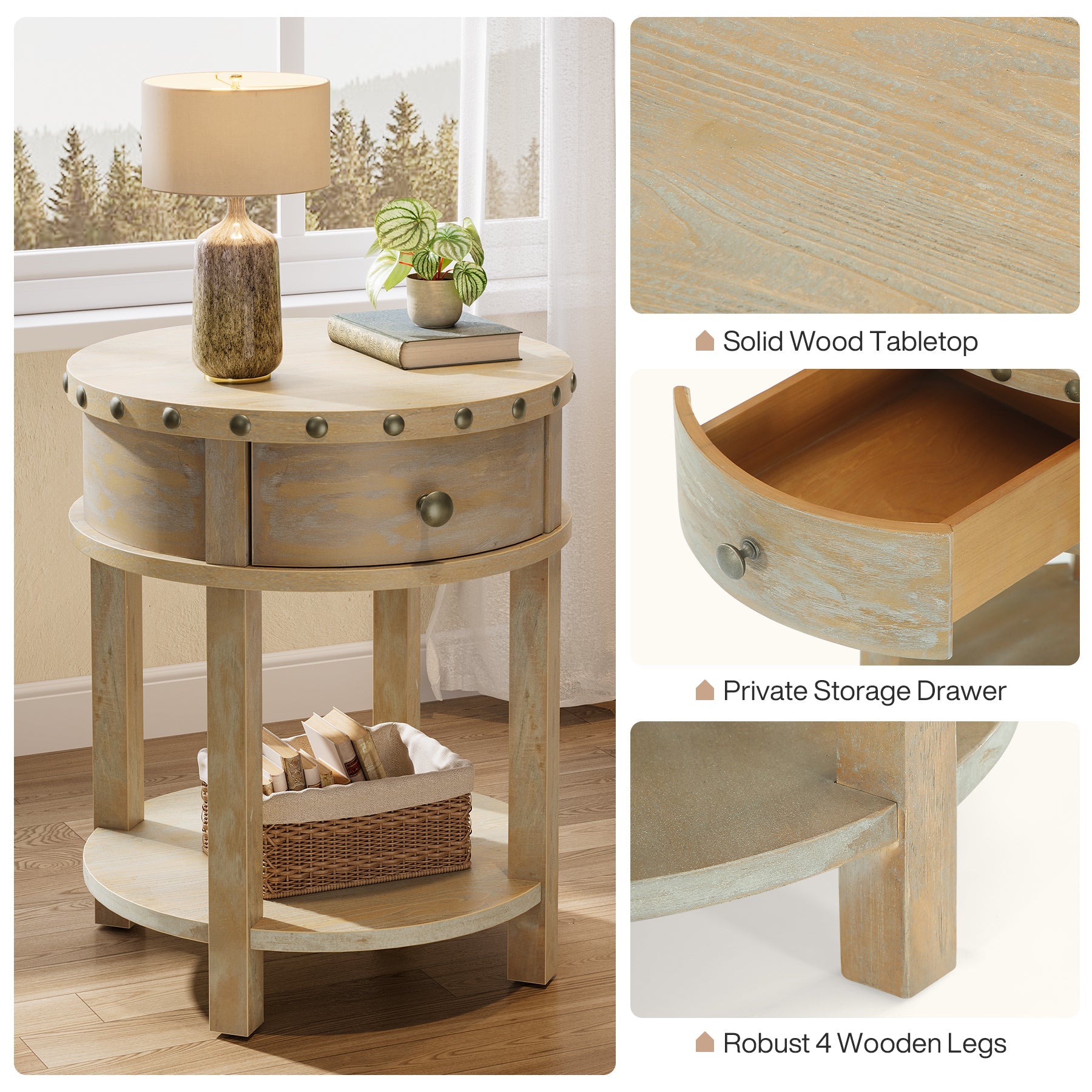 19.6 Inch Small End Table with Drawer & Bottom Shelf - Nightstand, Living Room Accent Table, Bedside Table for Bedroom Decor