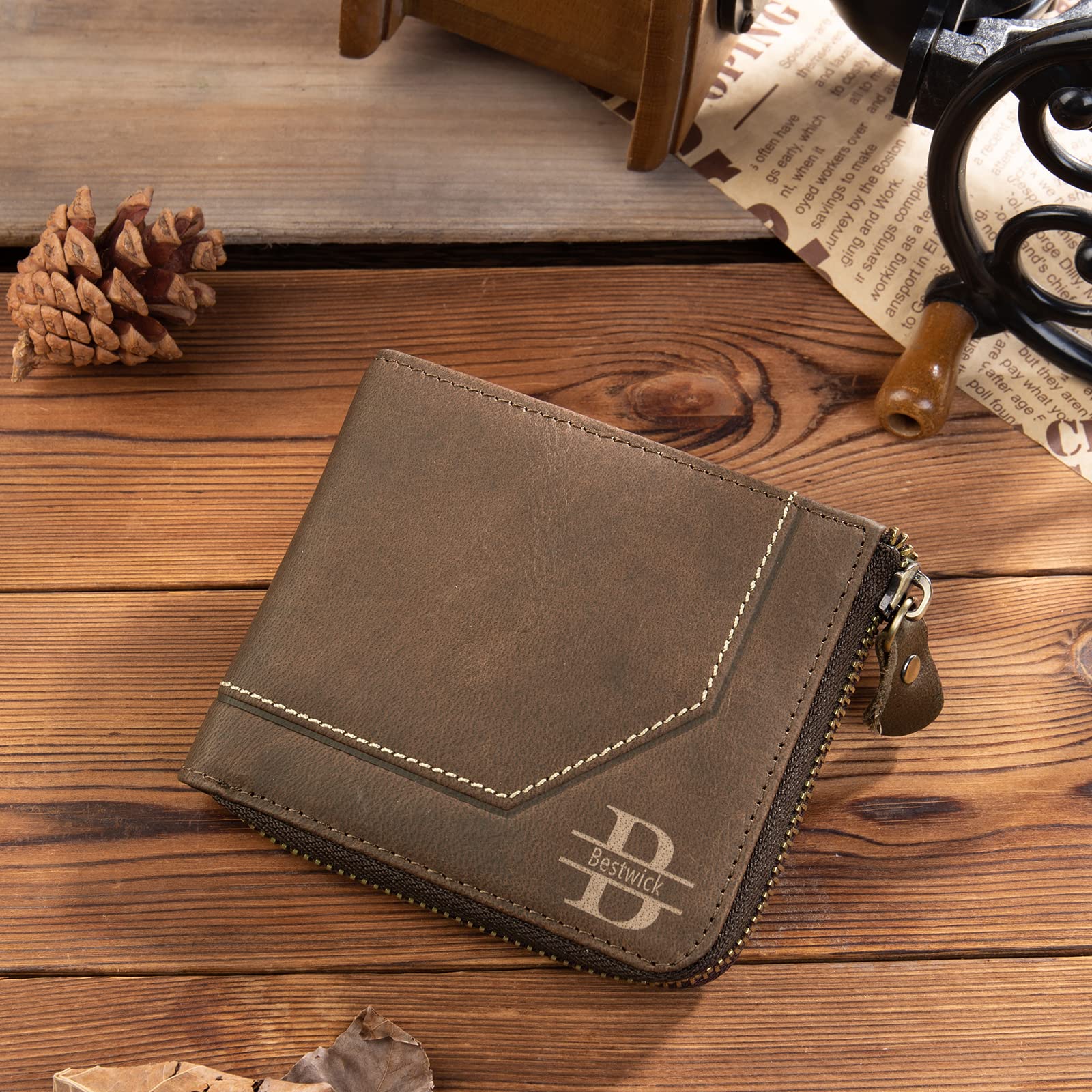 Personalized Leather RFID Blocking Bifold Wallet for Men - Custom Name Text, Large Capacity Credit Card Holder, Anti-Theft Zipper Wallet, Vintage Cowboy Style - Perfect Father's Day Gift & Everyday Carry Essential