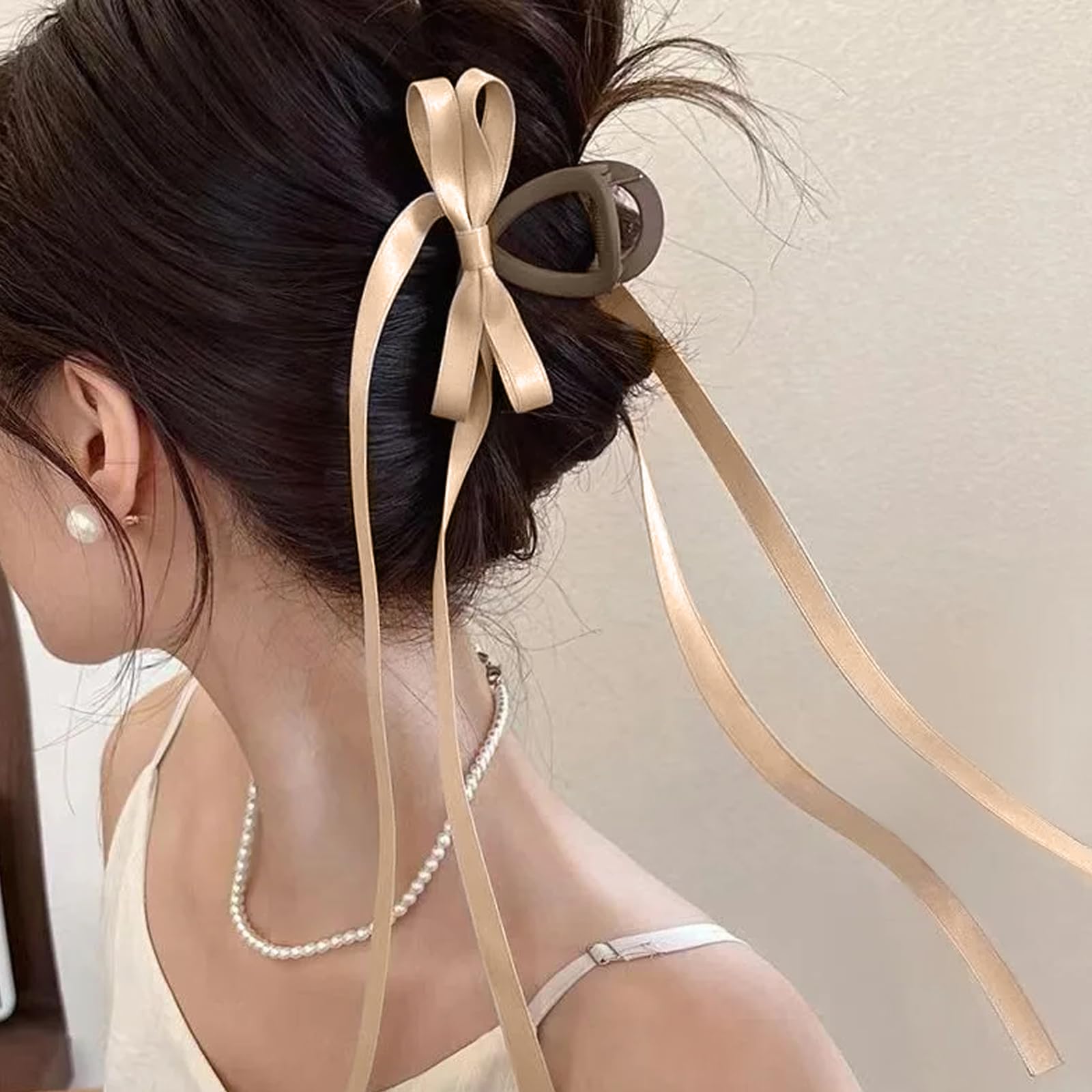Elegant Bow Hair Claw Clips with Long Tail & Tassel Ribbon - 3 Pack Women's Hair Accessories for Parties, Weddings & Everyday Styling
