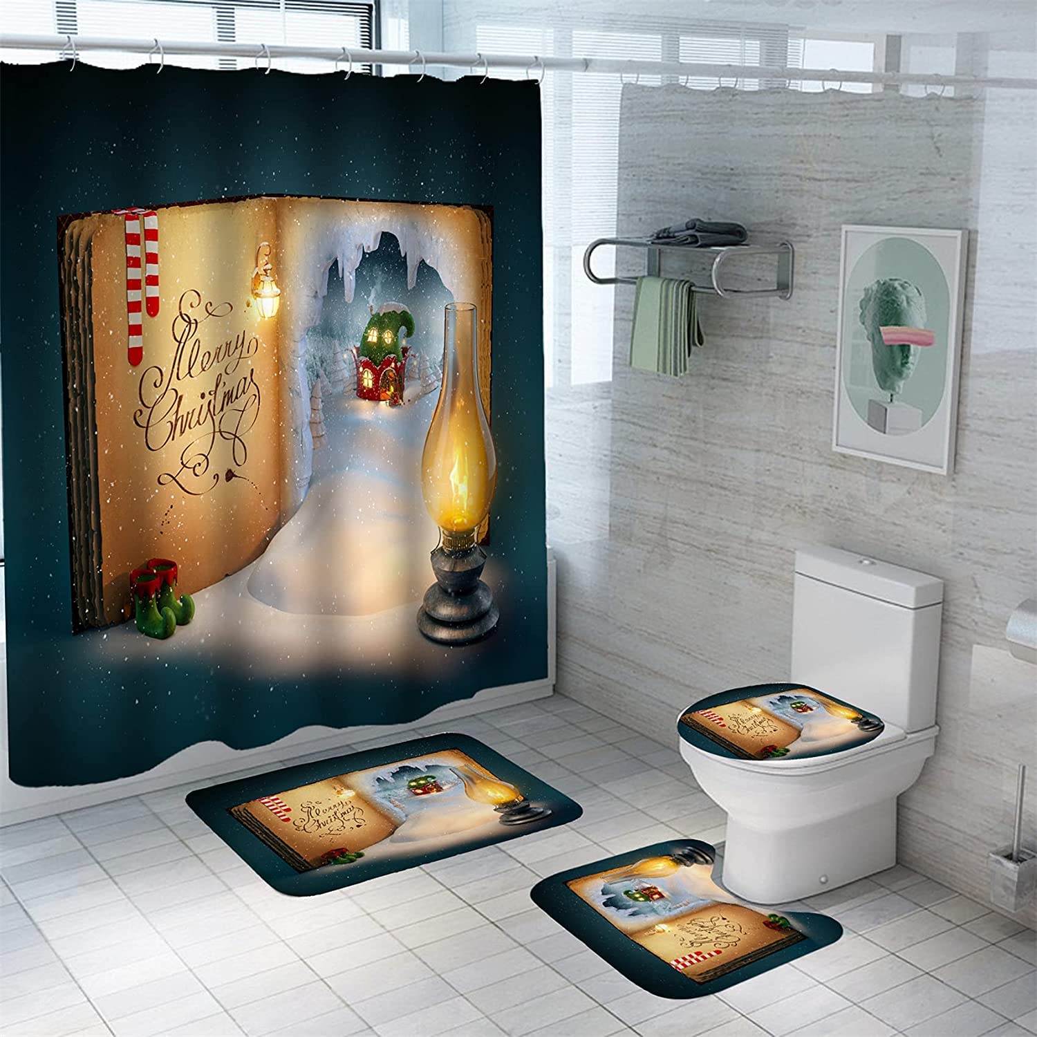 4-Piece Christmas Bathroom Decor Set - Fireplace Shower Curtain, Non-Slip Rug Mat & Doormat in Mysterious Yellow Teal | Holiday Bathroom Decorations for Xmas, Winter Home Decor & Gift Ideas