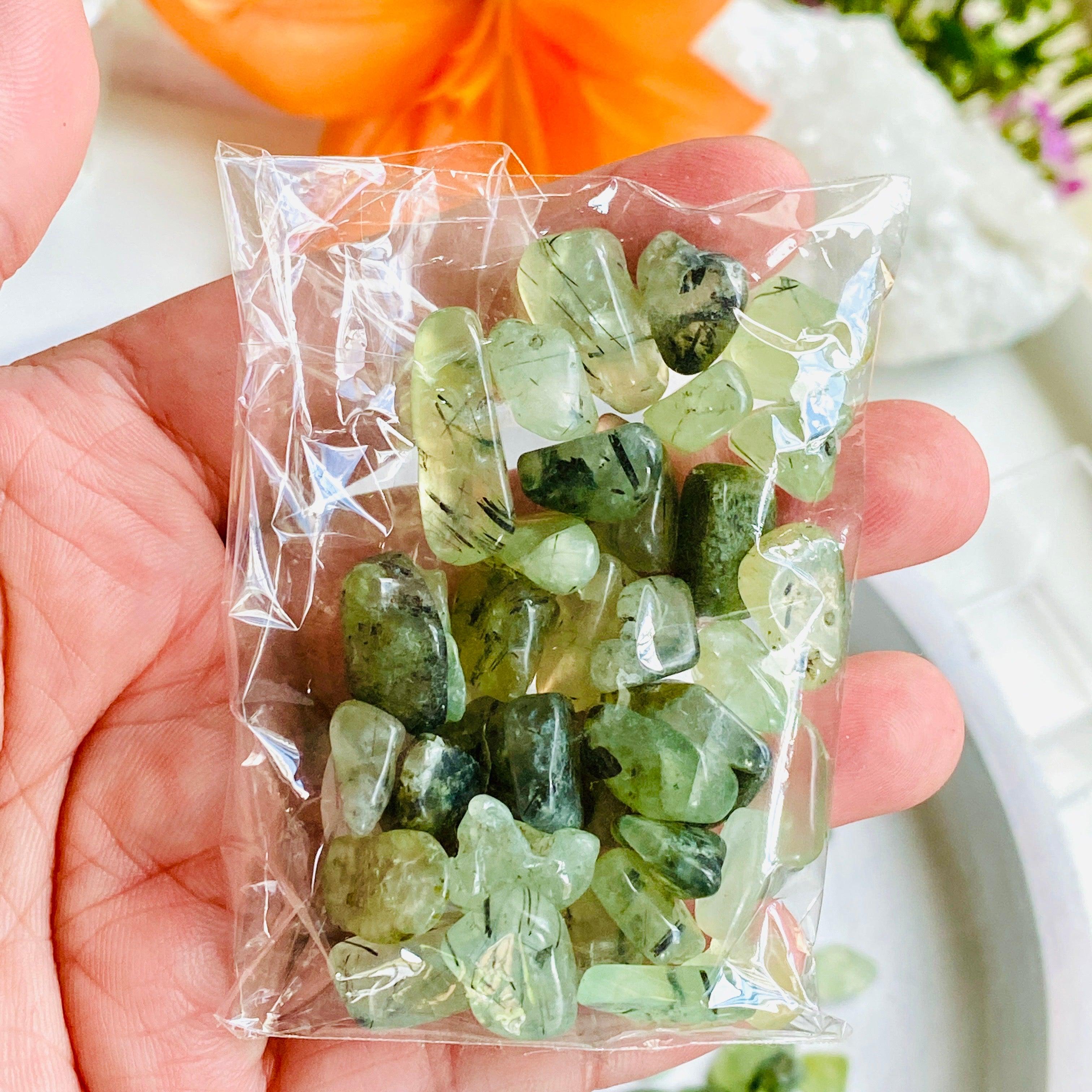 50g Mini Tumbled Prehnite with Epidote Stone Chips - Natural Healing Crystals for Meditation, Reiki & Home Decor