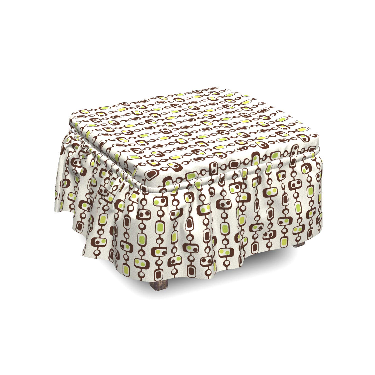 Ambesonne Geometric Ottoman Cover Slipcover Set - 2 Piece Rectangle Design with Ruffle Skirt for Square/Round Footstools | Standard Size in Apple Green, Chestnut Brown & Cream | Perfect for Living Room, Bedroom & Home Decor