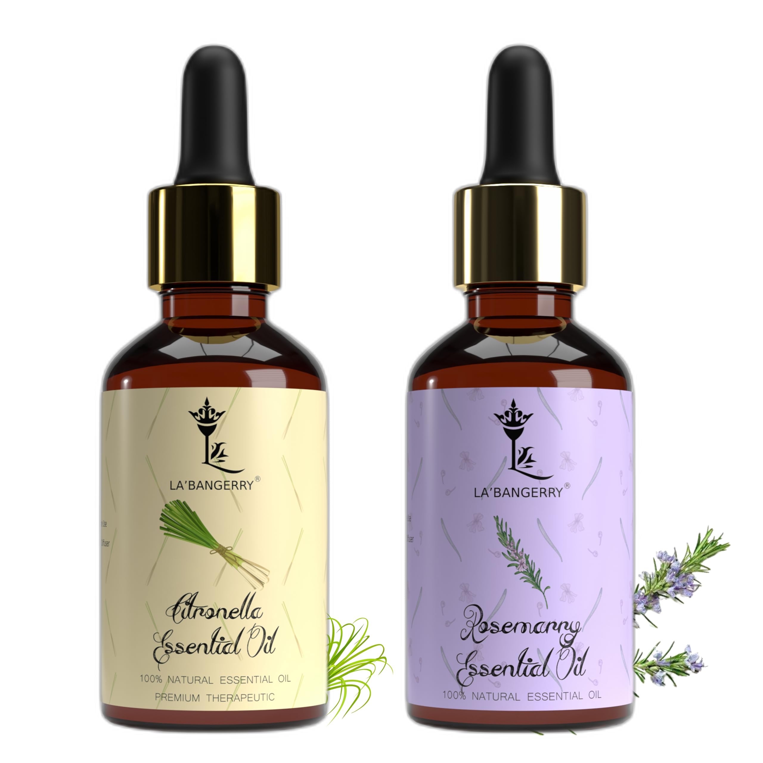 LA'BANGERRY Citronella & Rosemary Essential Oils Set (30ml) - Aromatherapy Diffuser Oils for Skin Care, Hair Growth, Candles & More | Perfect for Relaxation, Spa, Massage & Home Fragrance