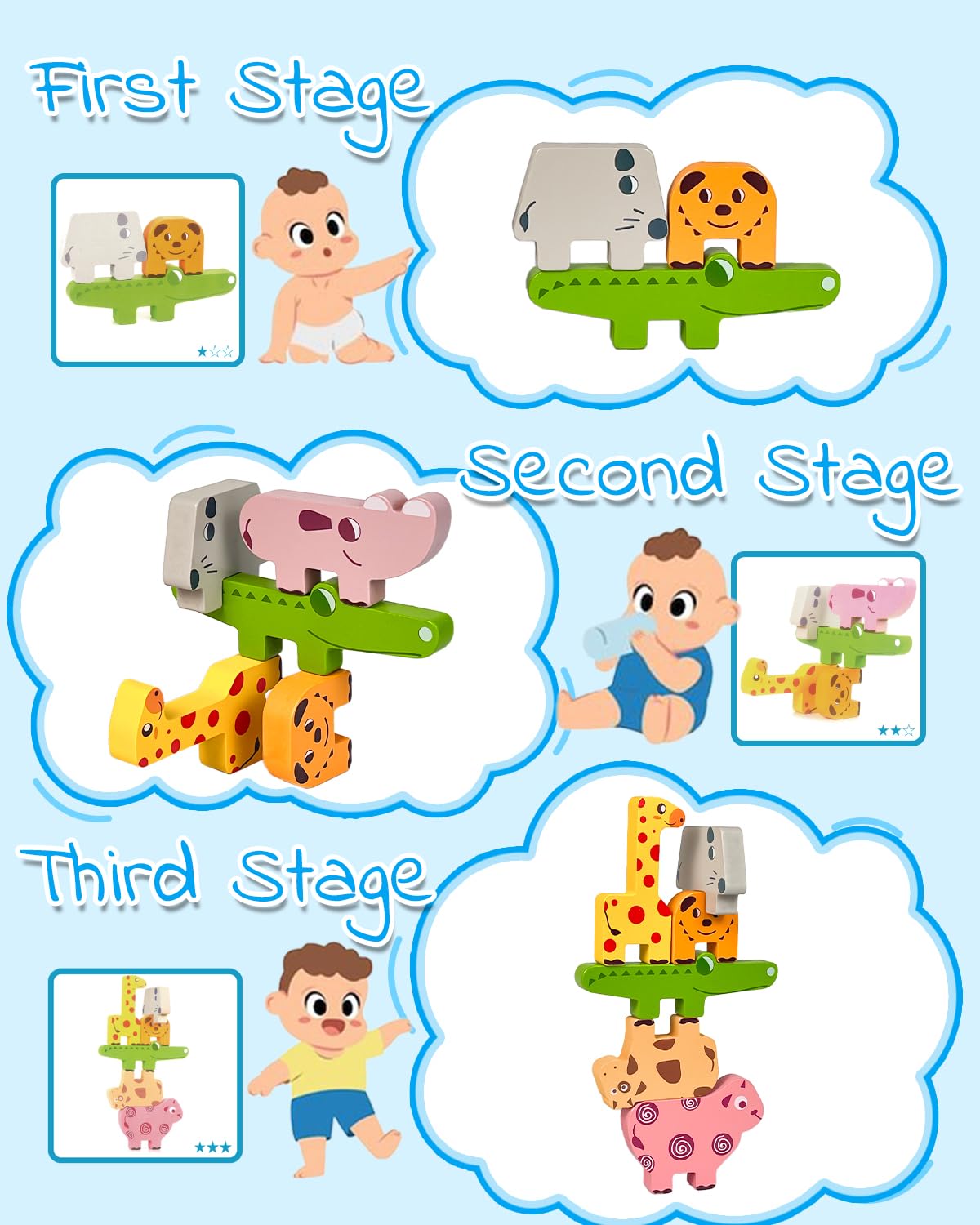 Montessori Wooden Animal Stacking Blocks - Educational Puzzle Toys for Toddlers 1-3 Years Old | Learning Toys for Boys & Girls Age 1-4 | Perfect Gift for 1st 2nd 3rd Birthday | Develop Fine Motor Skills & Early Learning | Great for Daycare, Preschool & Home Playtime