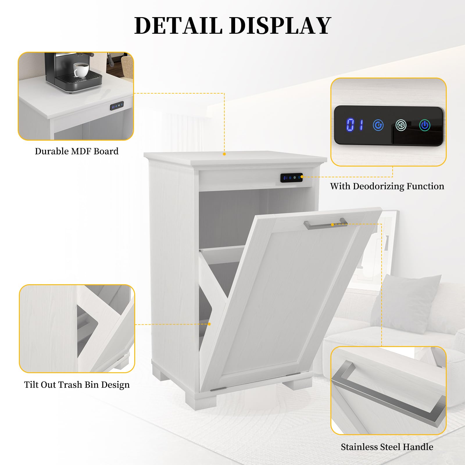 10-Gallon Tilt Out Trash Cabinet with Odor Control - White Wooden Freestanding Kitchen Garbage Can & Hidden Laundry Hamper for Home, Bathroom, and Pantry Organization