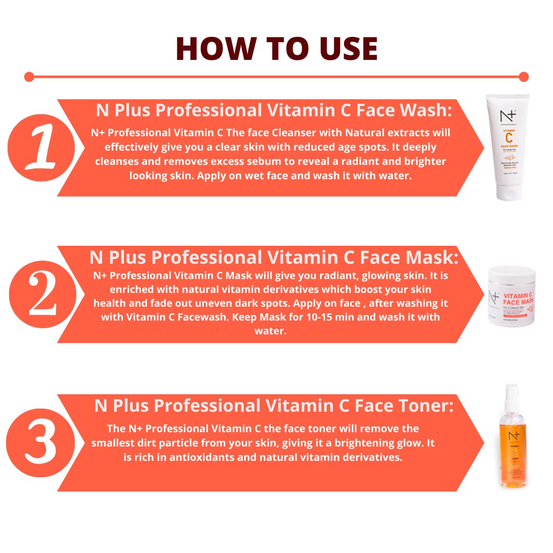 N Plus Professional Vitamin C Skincare Set - Brightening Facial Kit with Vitamin C Face Wash (100ml), Toner (100ml) & Mask (80g) for Glowing Skin | Anti-Aging, Dark Spot Treatment | Perfect for Daily Skincare Routine & Spa Night