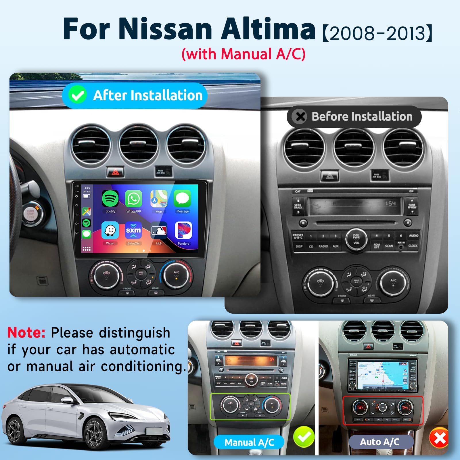 2G+64G 9 Inch Android 13 Car Stereo for Nissan Altima 2008-2012 with Wireless CarPlay & Android Auto | Touch Screen GPS Navigation | HiFi Audio | WiFi Bluetooth | HD Backup Camera | Steering Wheel Control | Perfect for Commuting & Road Trips