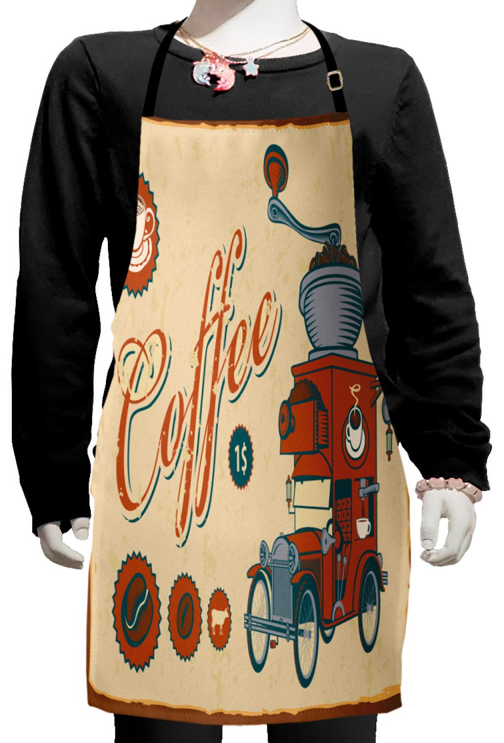 Ambesonne Vintage Truck & Coffee Grinder Retro Apron - Adjustable Bib Apron for Baking, Painting & Cooking - Small Size Cream Orange Grey Kitchen Apron - Perfect for Home Chefs, Artists & Coffee Lovers