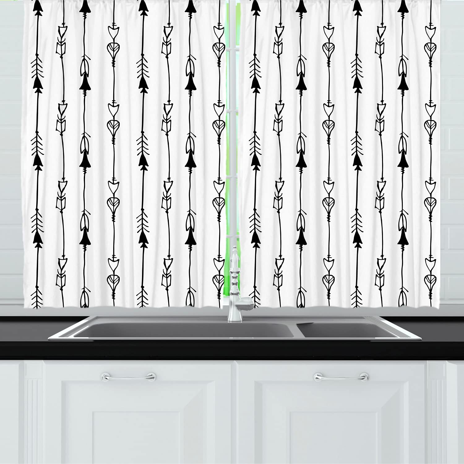 Ambesonne Arrow Print Long Kitchen Curtains - Vintage Tribal Art Design, Black & White Hand Drawn Sticks Pattern, 55