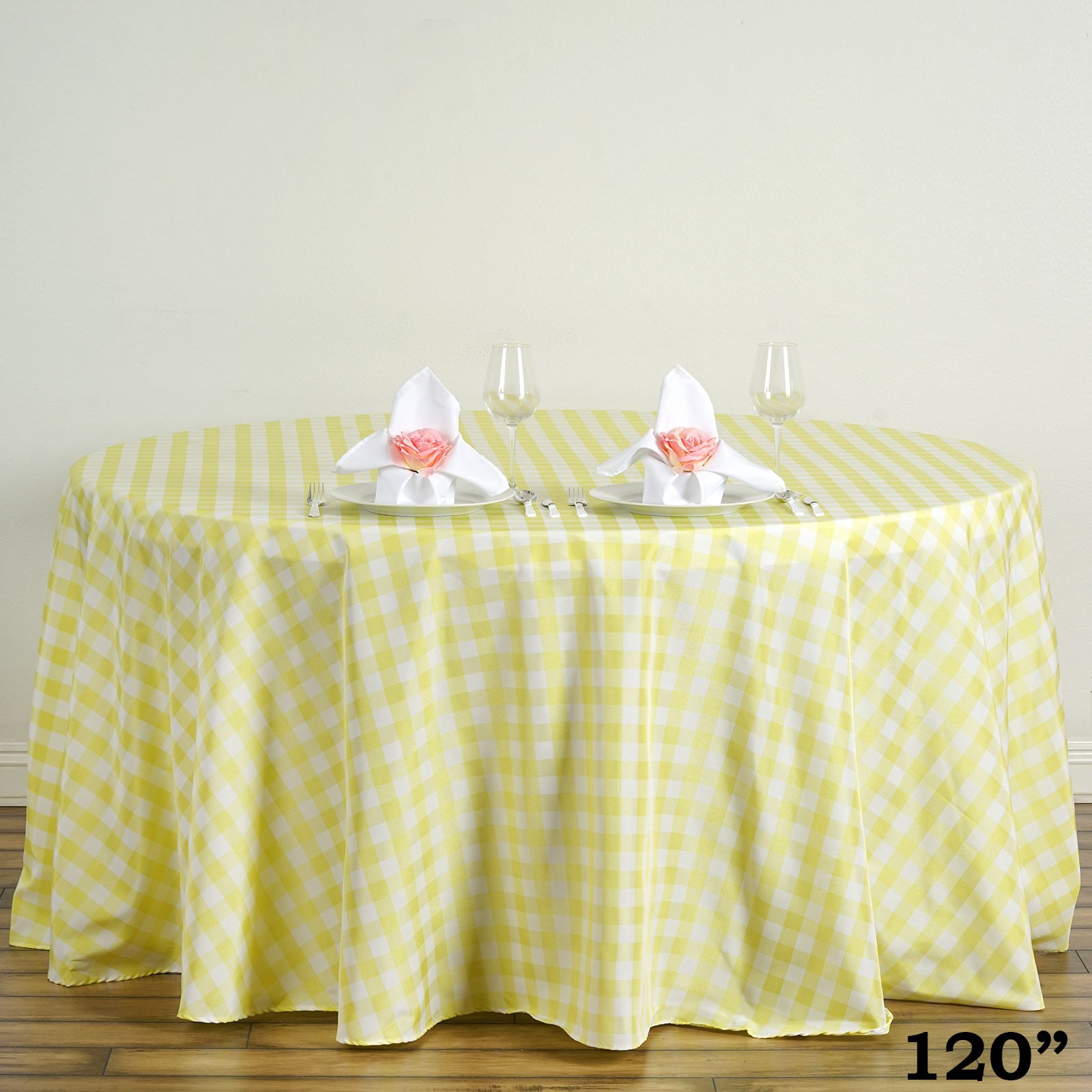6-Pack 120-Inch Round Yellow Gingham Checkered Polyester Tablecloths - Waterproof & Wrinkle-Resistant for Wedding, Party, Banquet, Picnic & Outdoor Dining Decor