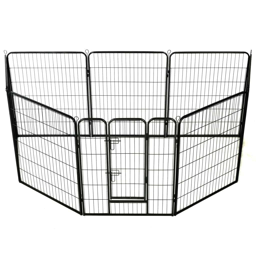 vidaXL 8-Panel Foldable Dog Playpen with Hinged Door - Black Powder-Coated Steel Puppy Cage for Indoor & Outdoor Use - Perfect for Training, Playtime, and Safe Containment in Backyard or Home