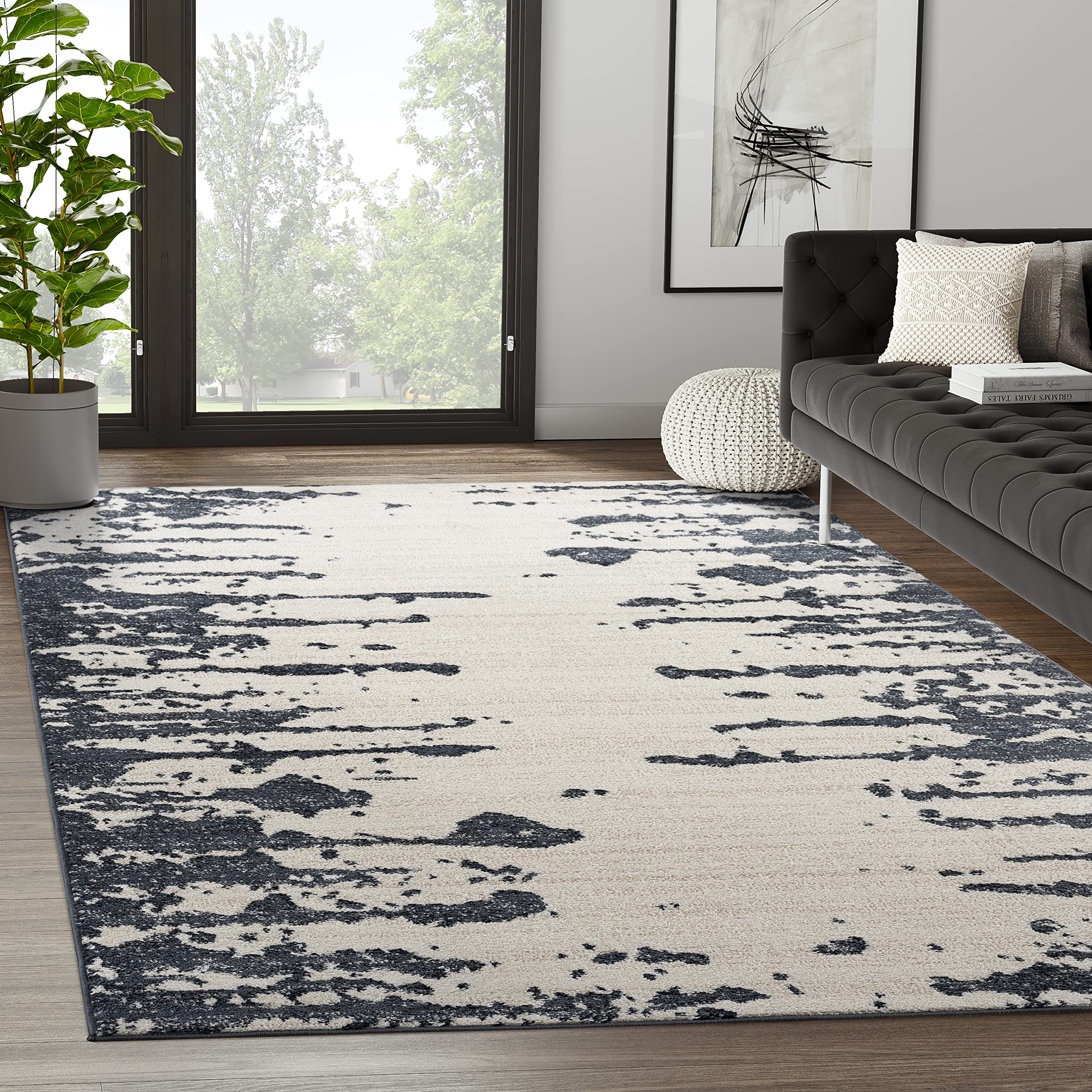 Abani Modern Ink Splatter Design Cream & Black Area Rug 7'9