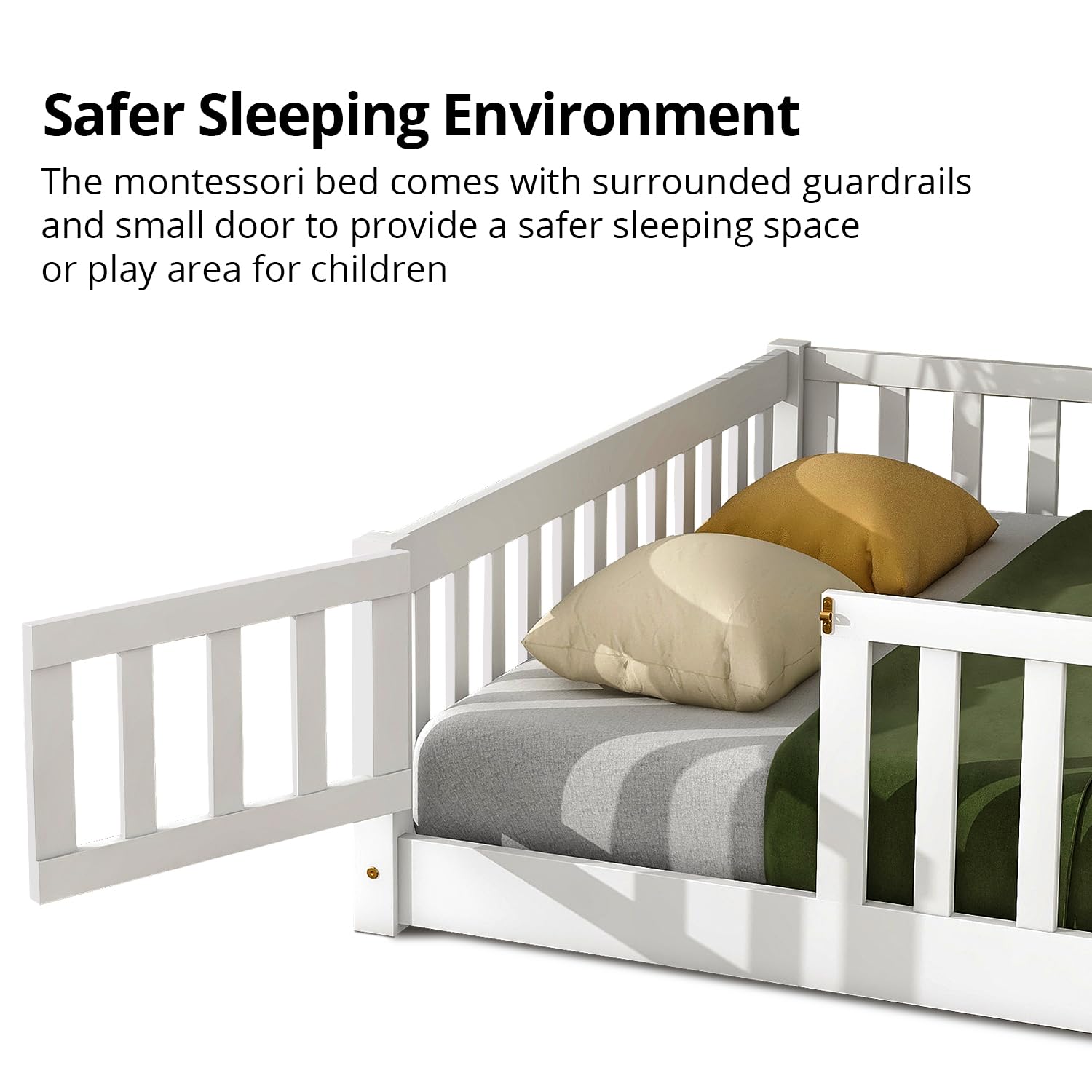 Montessori Floor Bed for Kids - Solid Wood Full Size Bed Frame with Safety Fence & Door, White Toddler Bed with Guardrails and Bed Slats | Perfect for Montessori Bedrooms, Daycare Centers & Safe Toddler Sleep Spaces