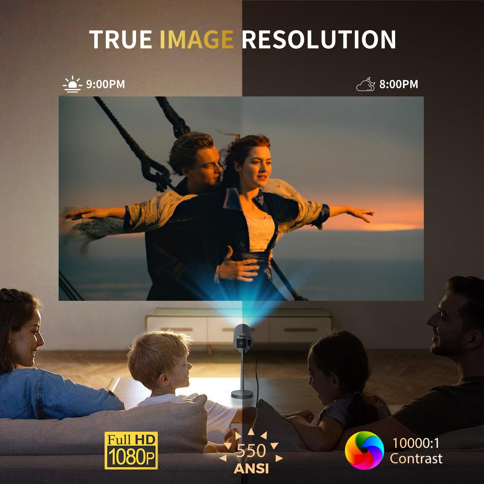 Mini Portable Projector with WiFi & Bluetooth - 1080P 550 ANSI Smart Projector with Built-in Apps, 15