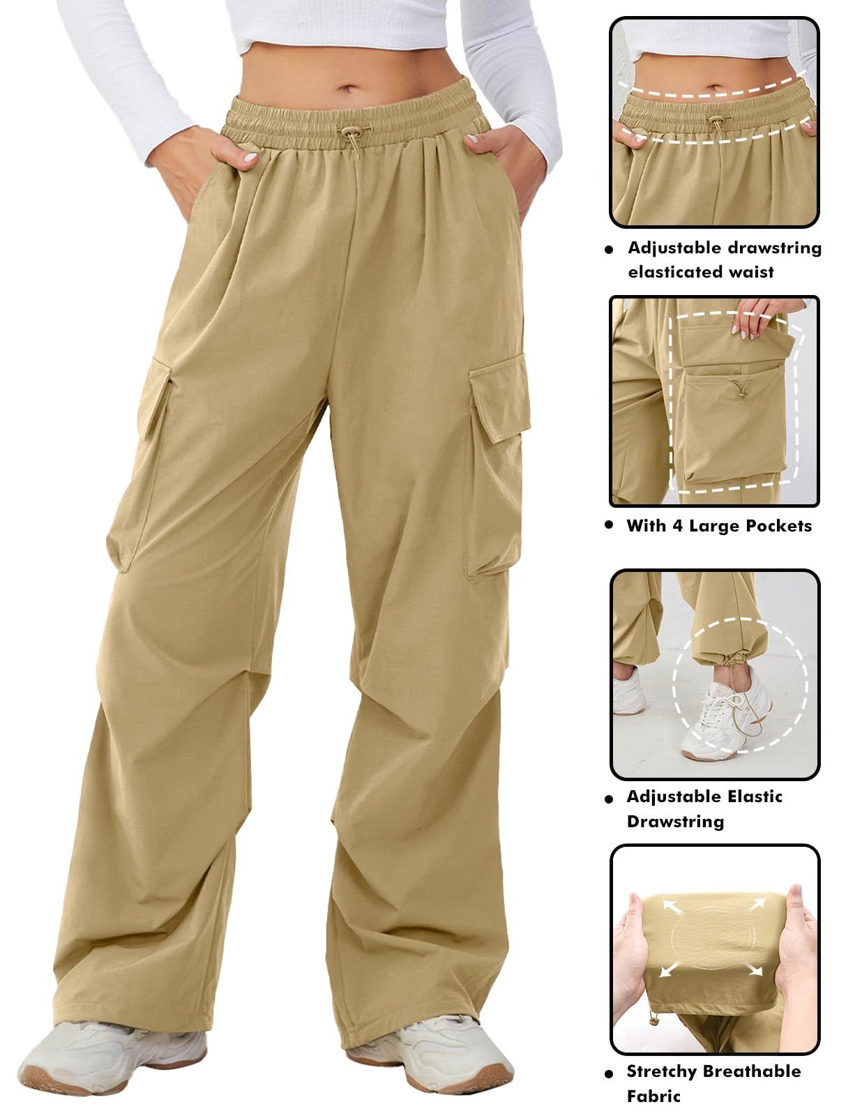 BBX Lephsnt Women's Cargo Pants - High Waisted Joggers with Adjustable Waist & Multiple Pockets - Baggy Parachute Pants for Casual Wear, Street Style & Y2K Fashion Outfits
