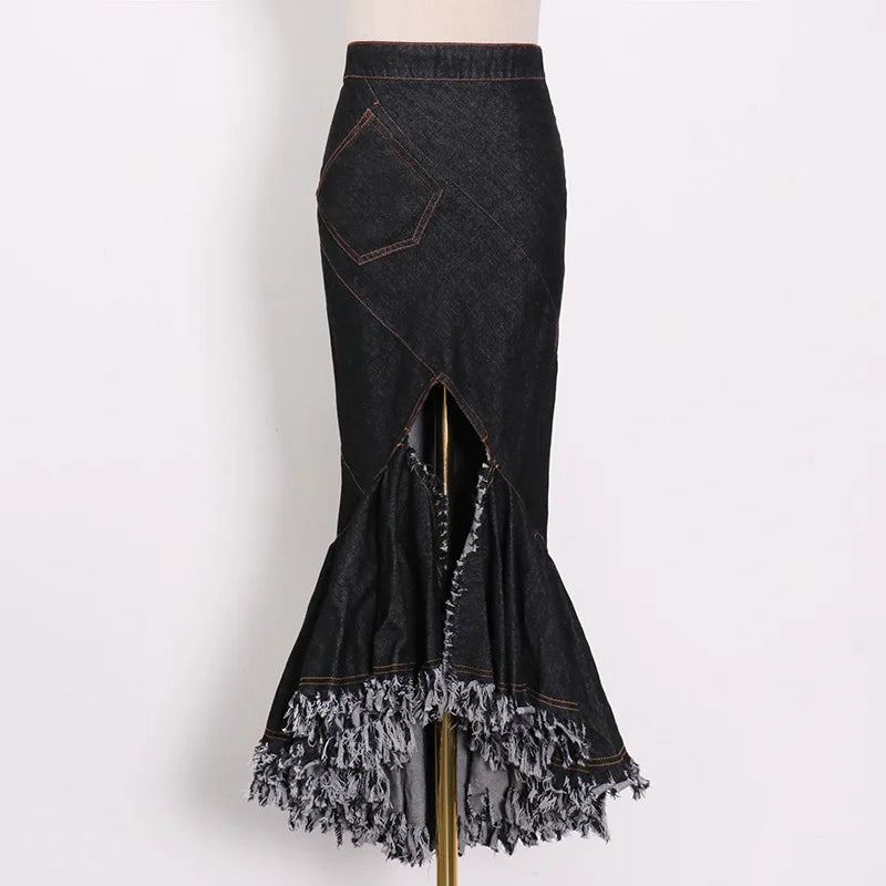 Women's High Waist Asymmetrical Denim Bodycon Skirt with Patchwork & Tassel Details - Trendy Midi Length Stretchy Jeans Skirt for Casual Outings, Date Nights & Streetwear Fashion
